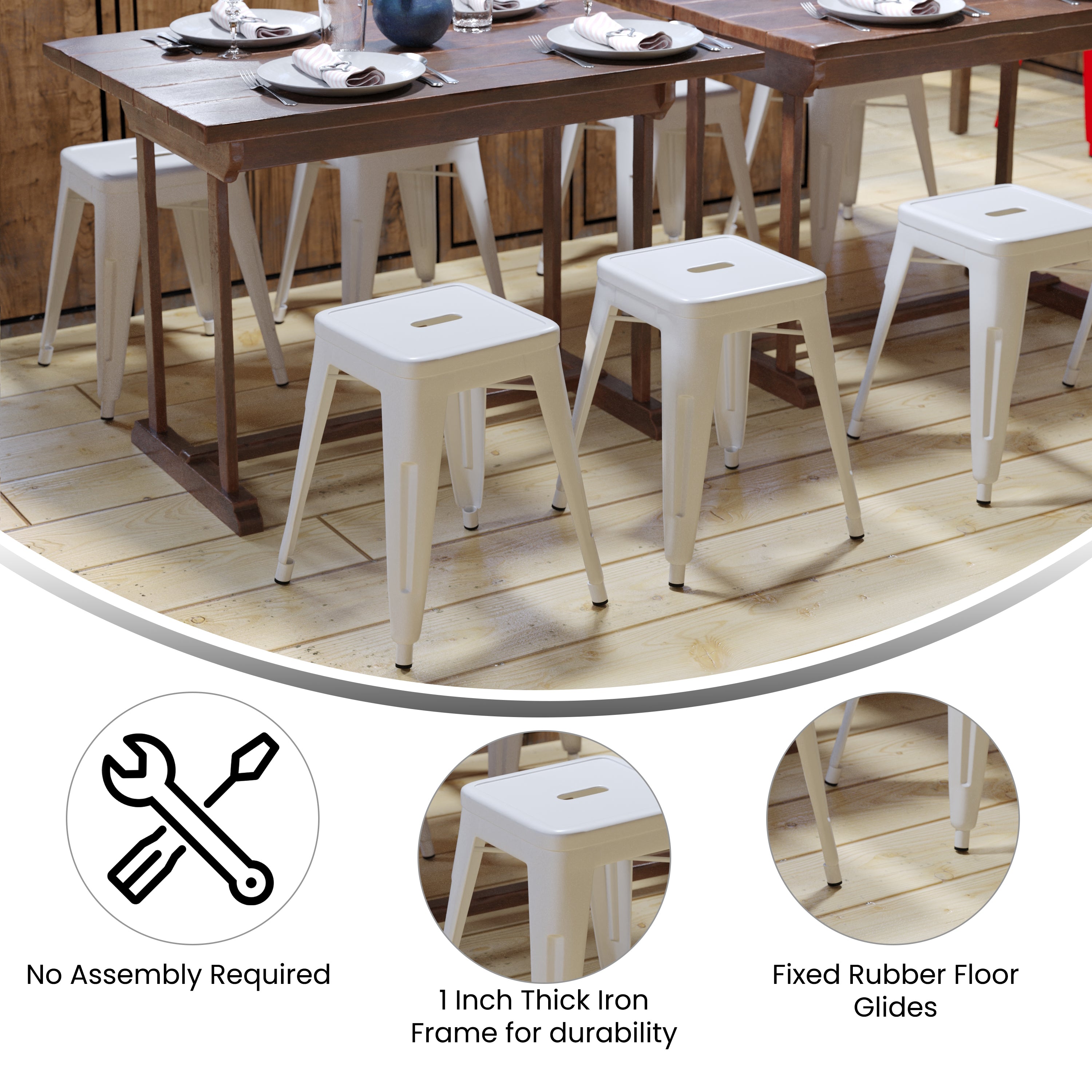 18" Table Height Stool, Stackable Backless Metal Indoor Dining Stool, Commercial Grade Restaurant Stool in White - Set of 4