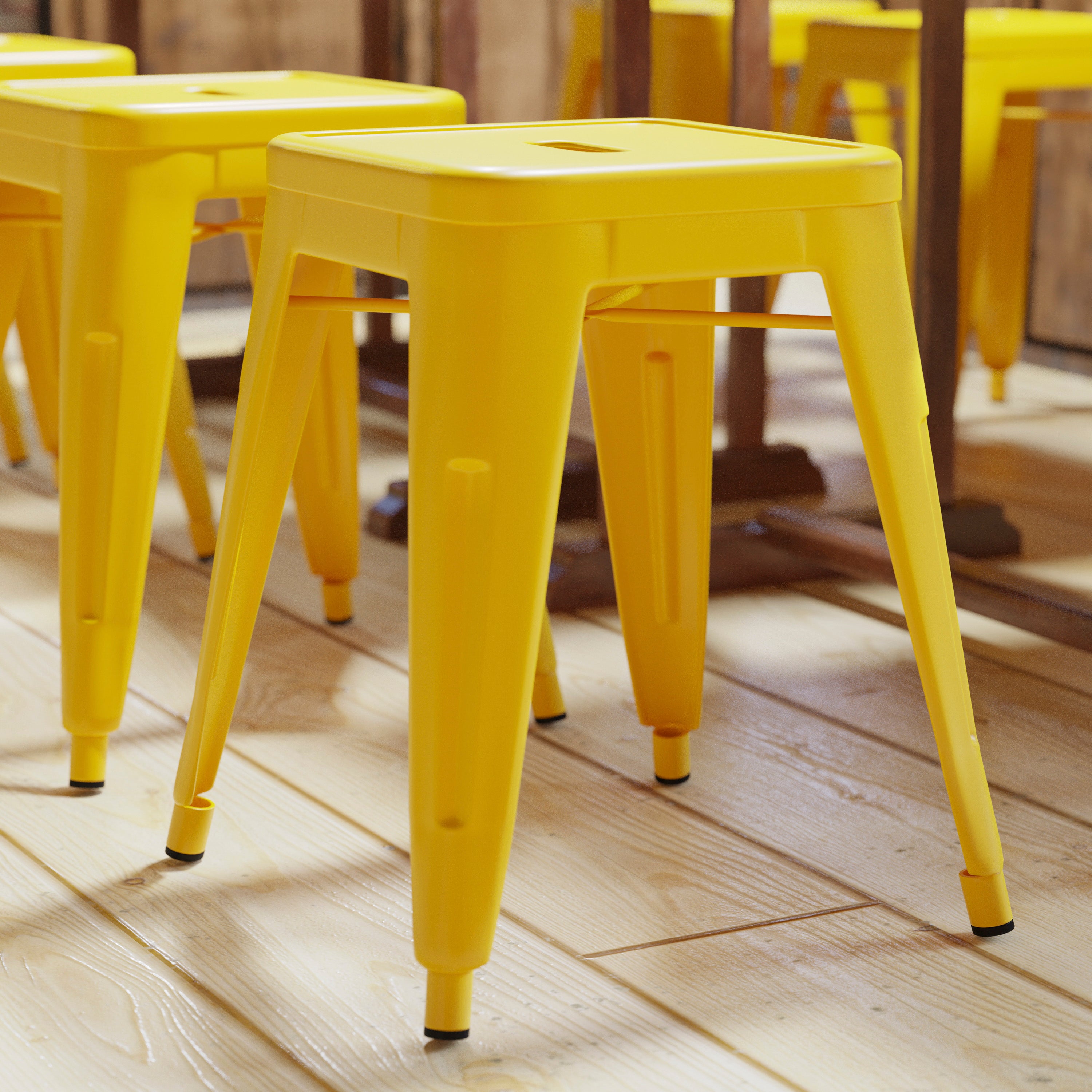 18" Table Height Stool, Stackable Backless Metal Indoor Dining Stool, Commercial Grade Restaurant Stool in Yellow - Set of 4