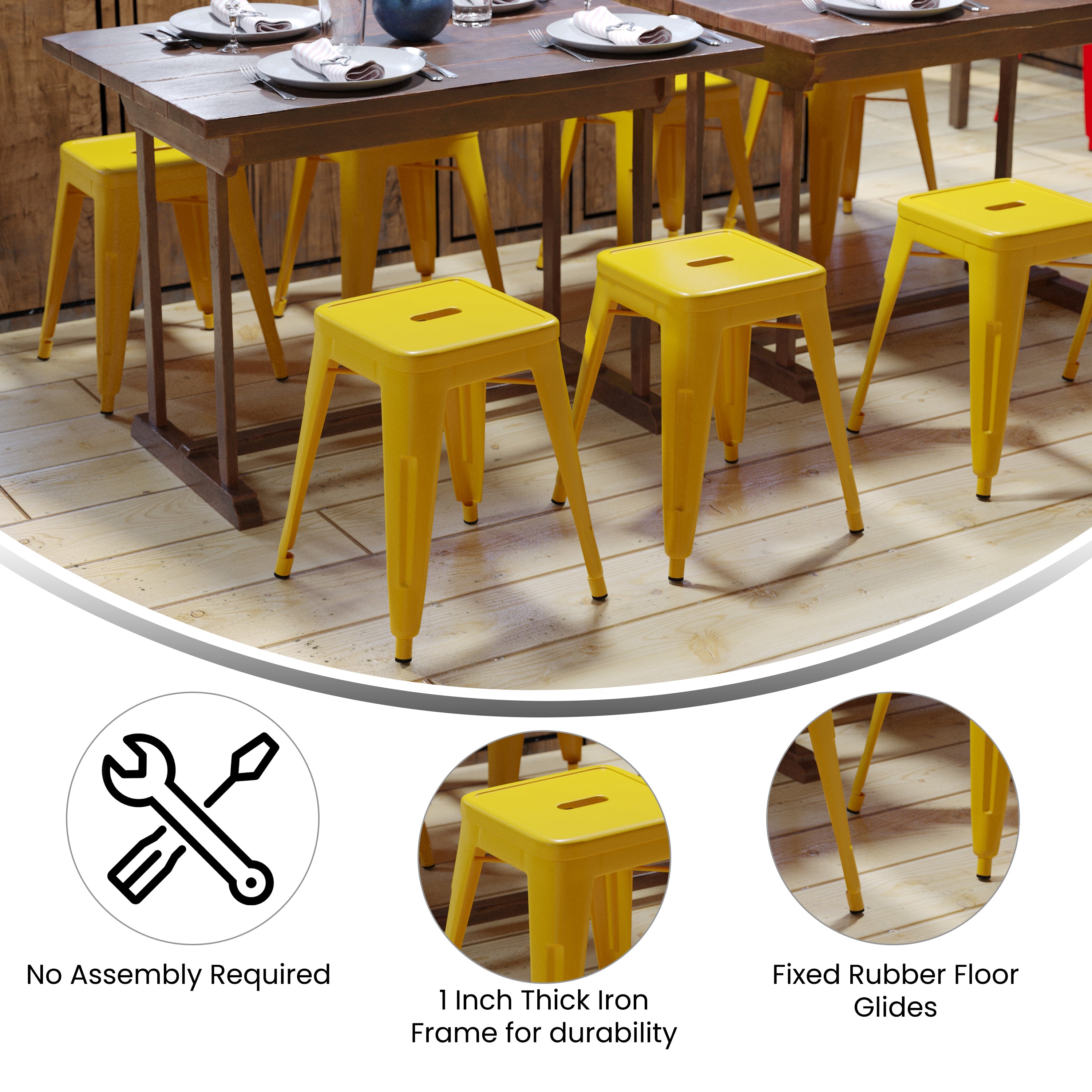 18" Table Height Stool, Stackable Backless Metal Indoor Dining Stool, Commercial Grade Restaurant Stool in Yellow - Set of 4