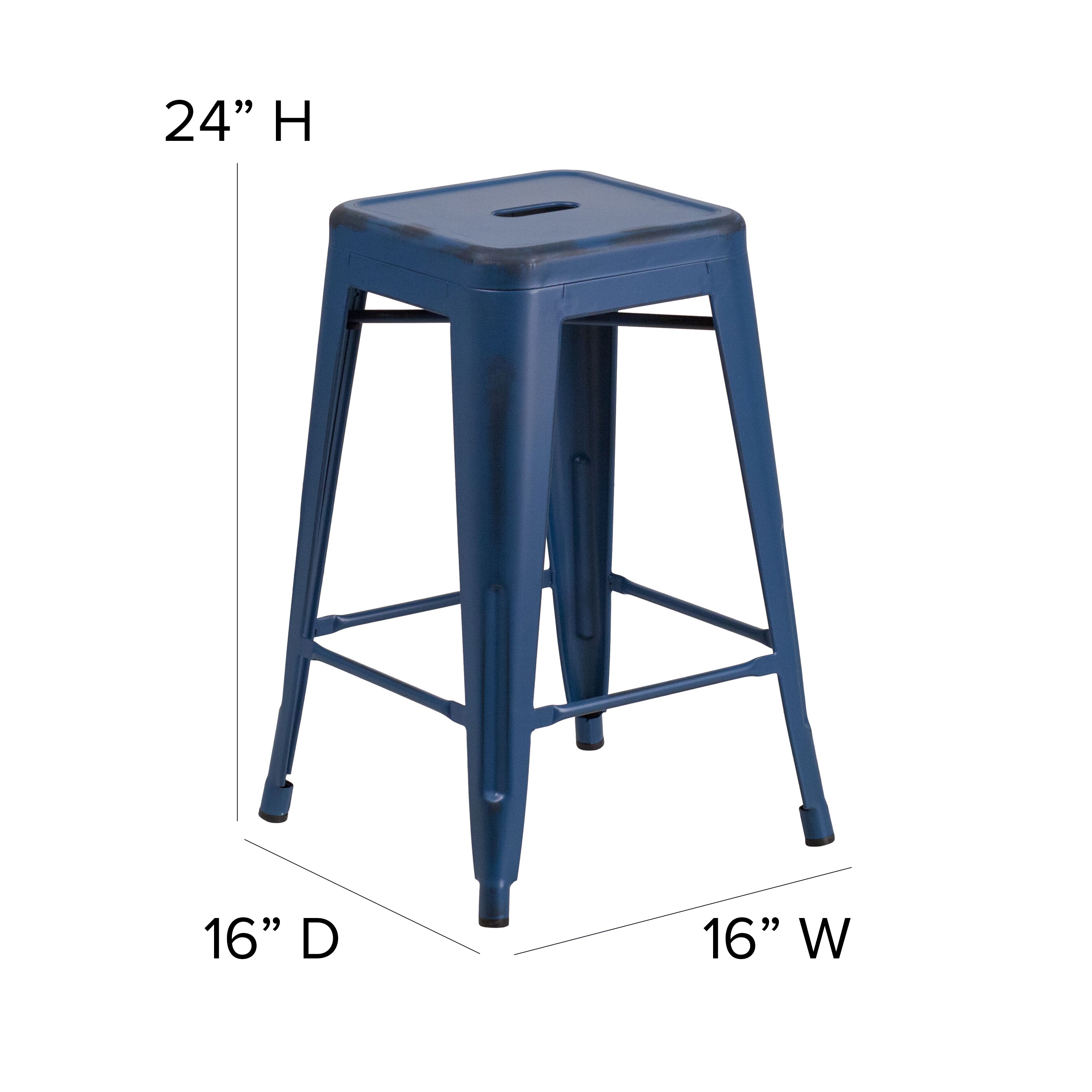 Kai Commercial Grade 24" High Backless Distressed Antique Blue Metal Indoor-Outdoor Counter Height Stool