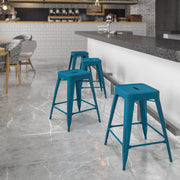 Kai Commercial Grade 24" High Backless Distressed Antique Blue Metal Indoor-Outdoor Counter Height Stool