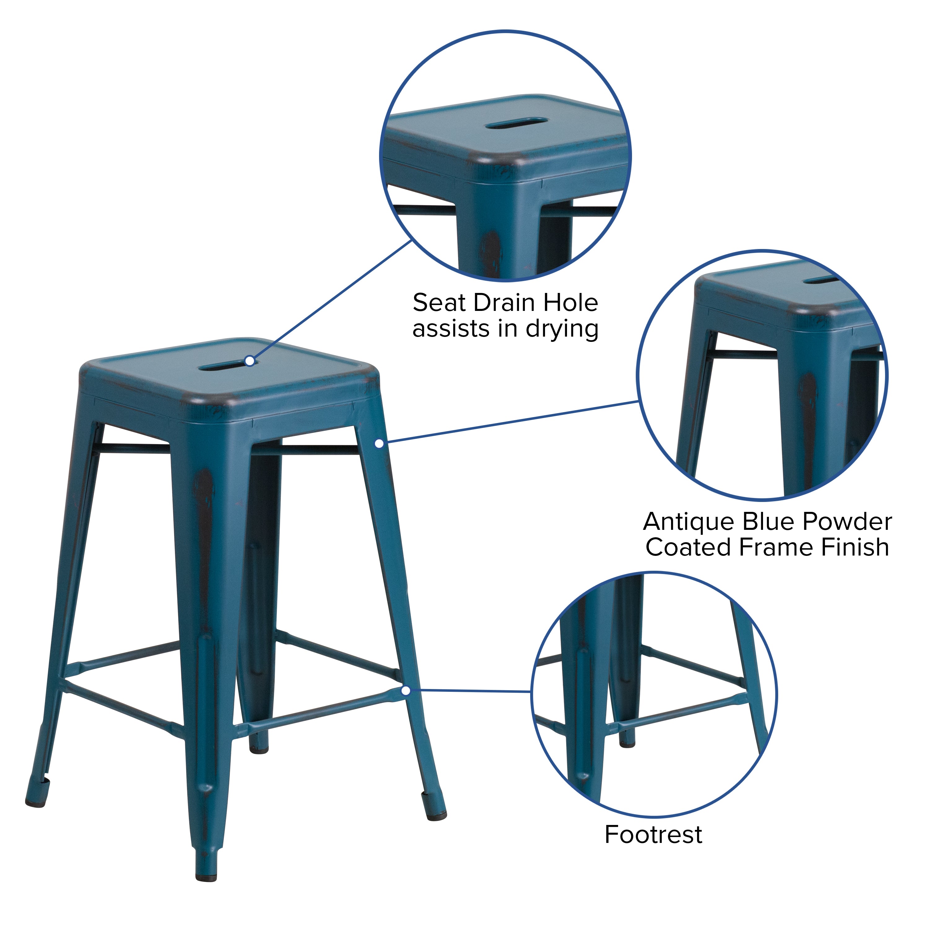 Kai Commercial Grade 24" High Backless Distressed Antique Blue Metal Indoor-Outdoor Counter Height Stool