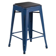Kai Commercial Grade 24" High Backless Distressed Antique Blue Metal Indoor-Outdoor Counter Height Stool with Black All-Weather Polystyrene Seat