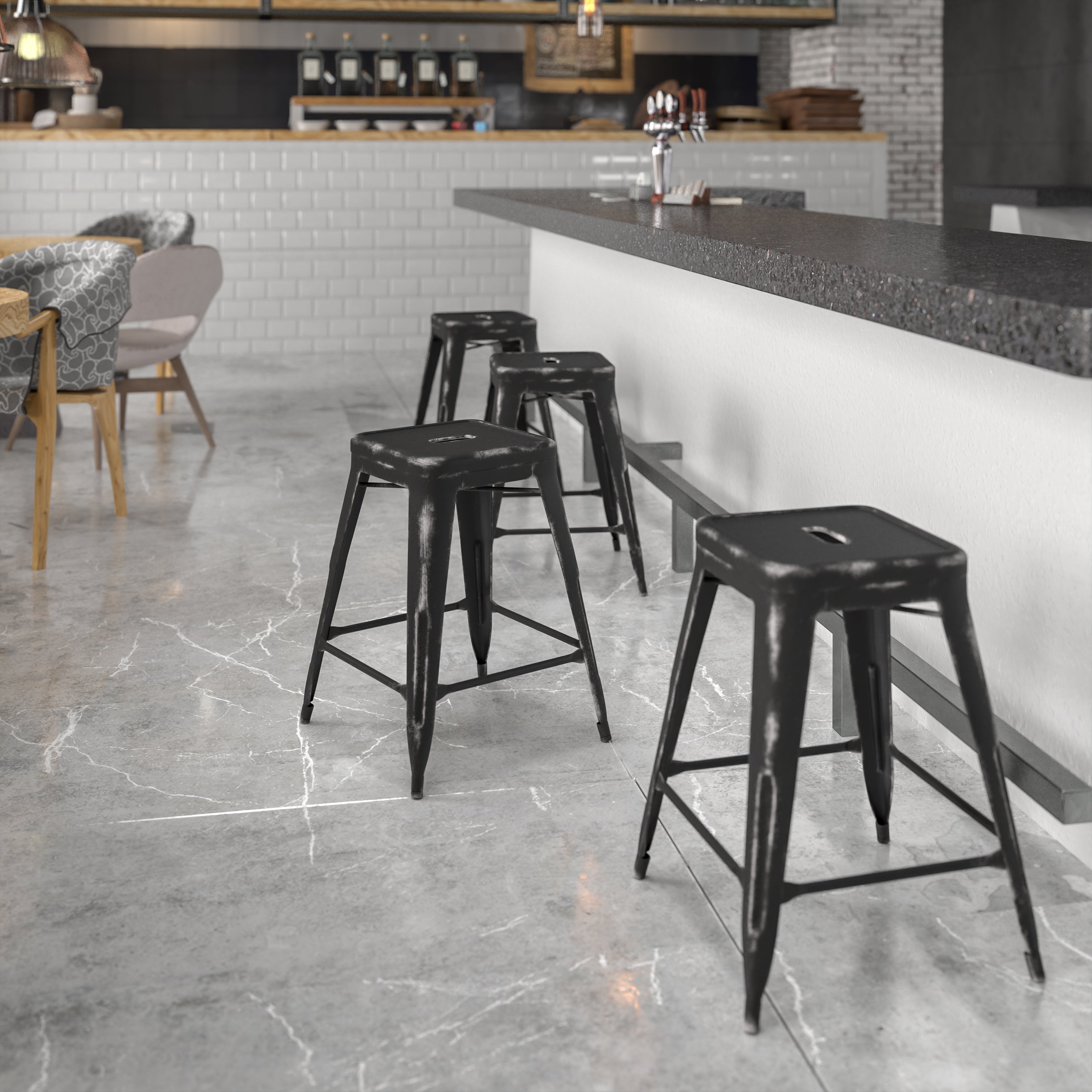 Kai Commercial Grade 24" High Backless Distressed Black Metal Indoor-Outdoor Counter Height Stool