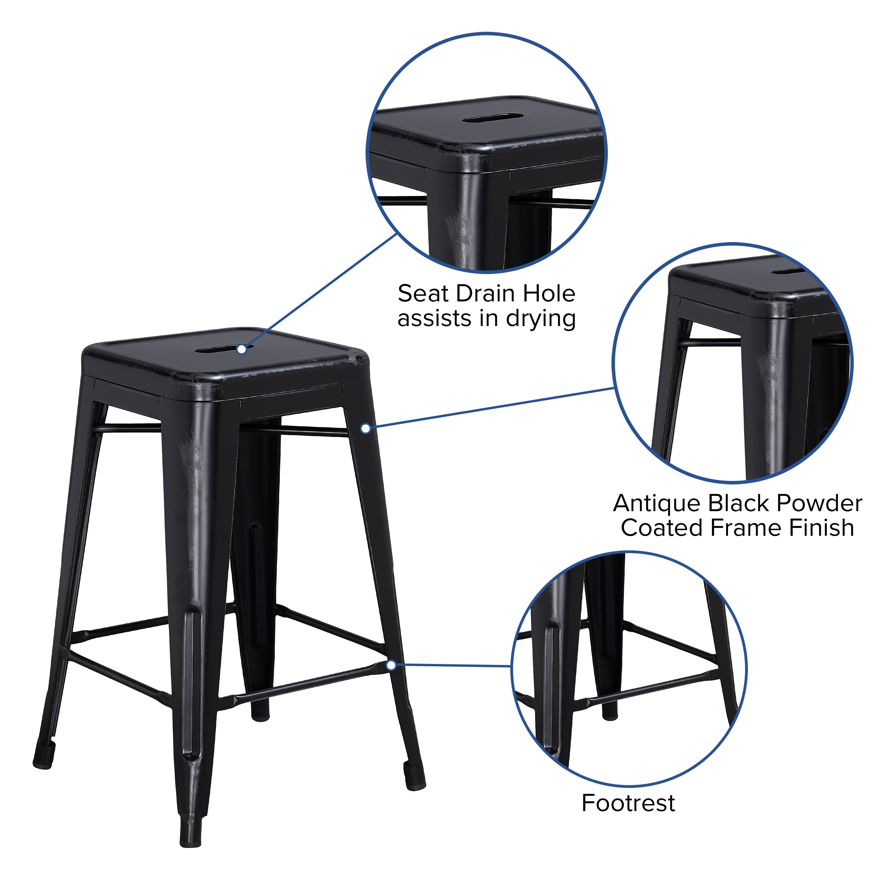 Kai Commercial Grade 24" High Backless Distressed Black Metal Indoor-Outdoor Counter Height Stool