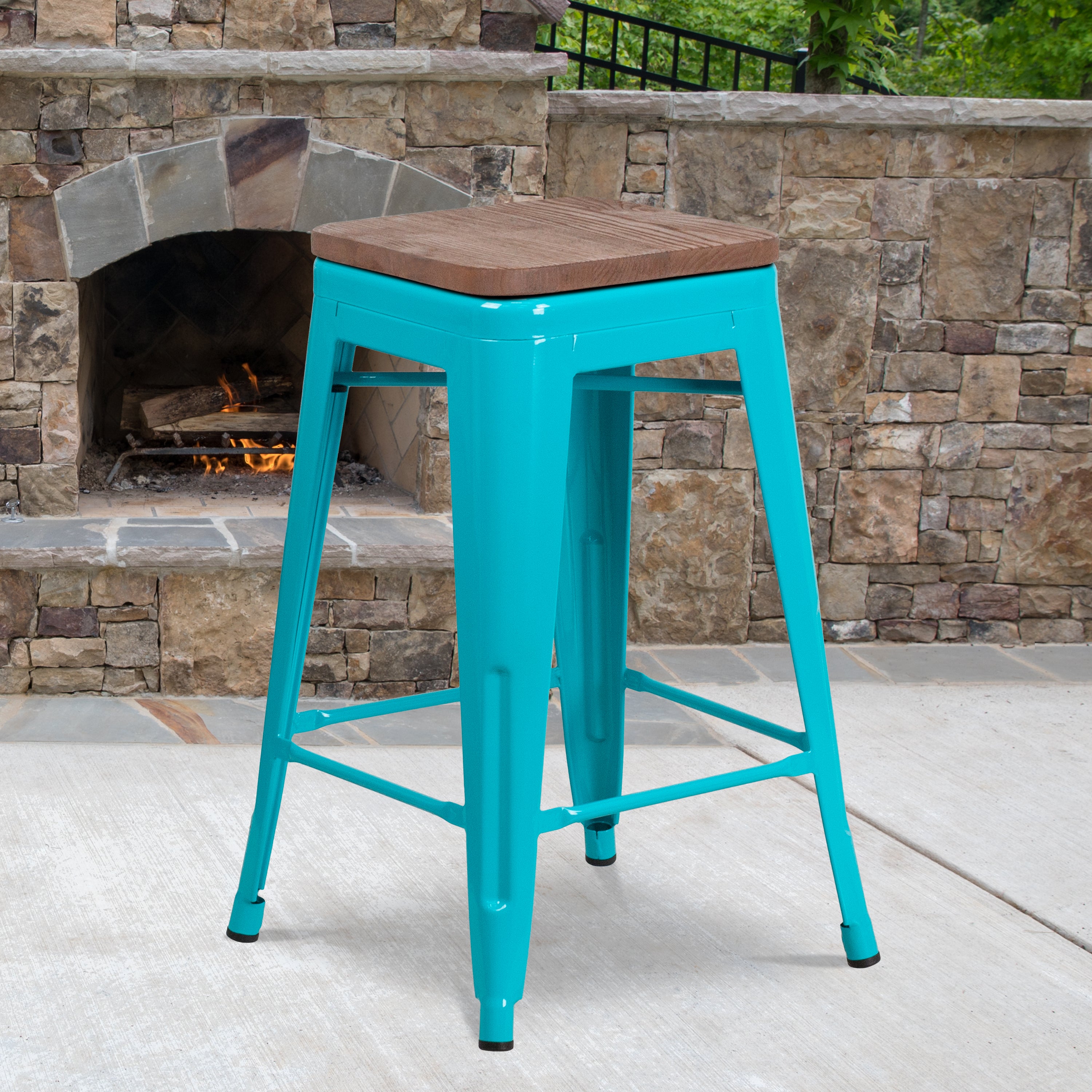 Sinclair 24" High Backless Crystal Teal-Blue Counter Height Stool with Square Wood Seat