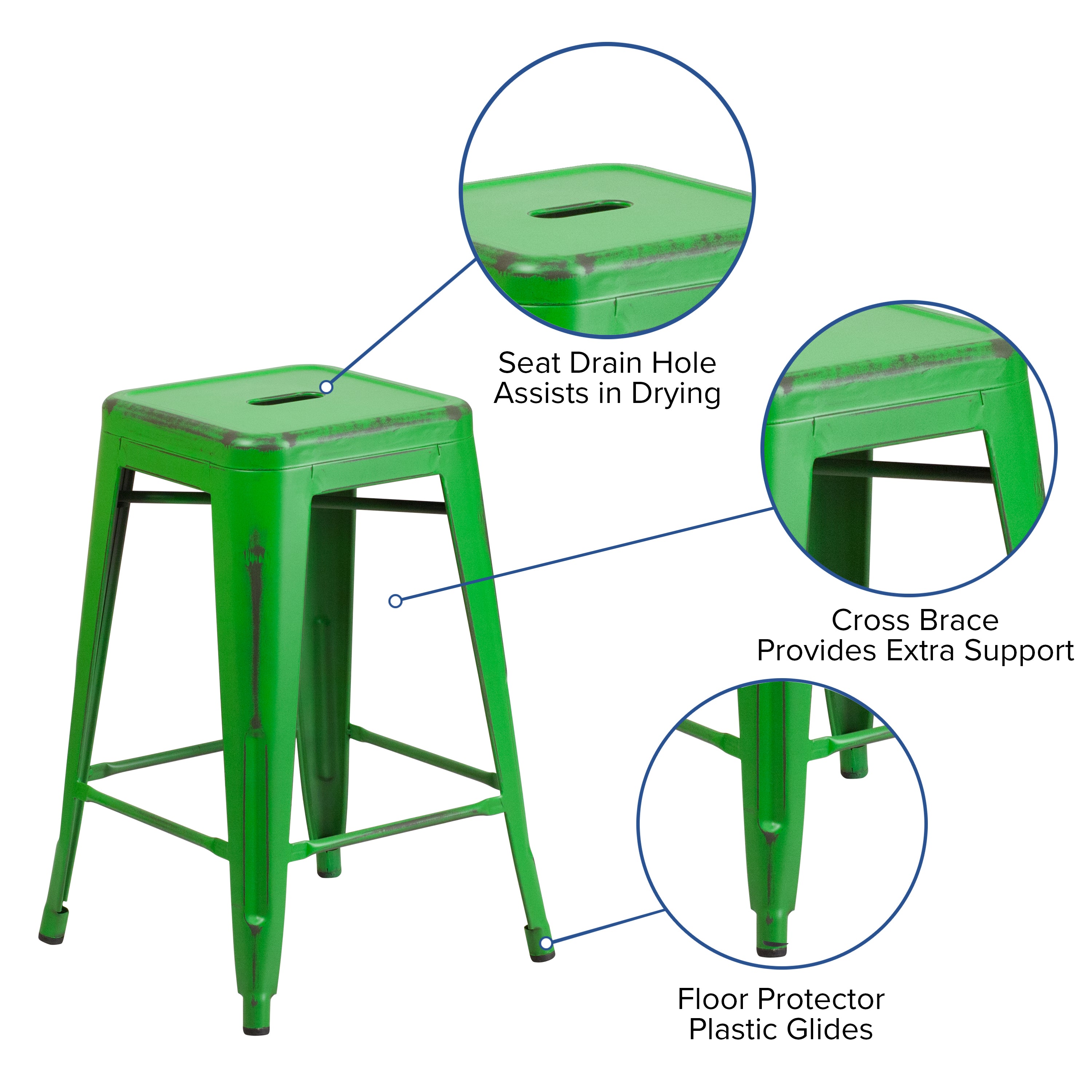 Kai Commercial Grade 24" High Backless Distressed Green Metal Indoor-Outdoor Counter Height Stool
