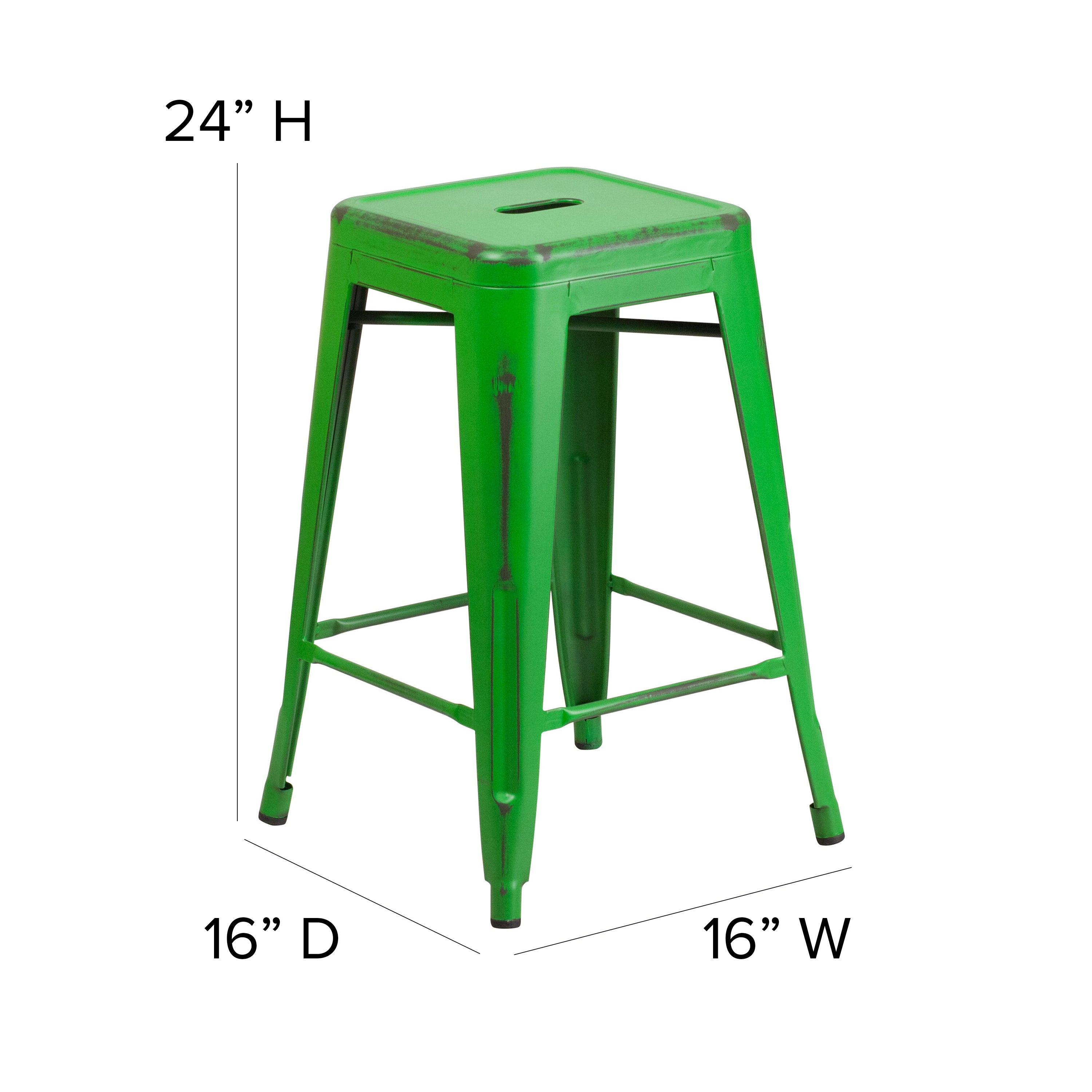 Kai Commercial Grade 24" High Backless Distressed Green Metal Indoor-Outdoor Counter Height Stool
