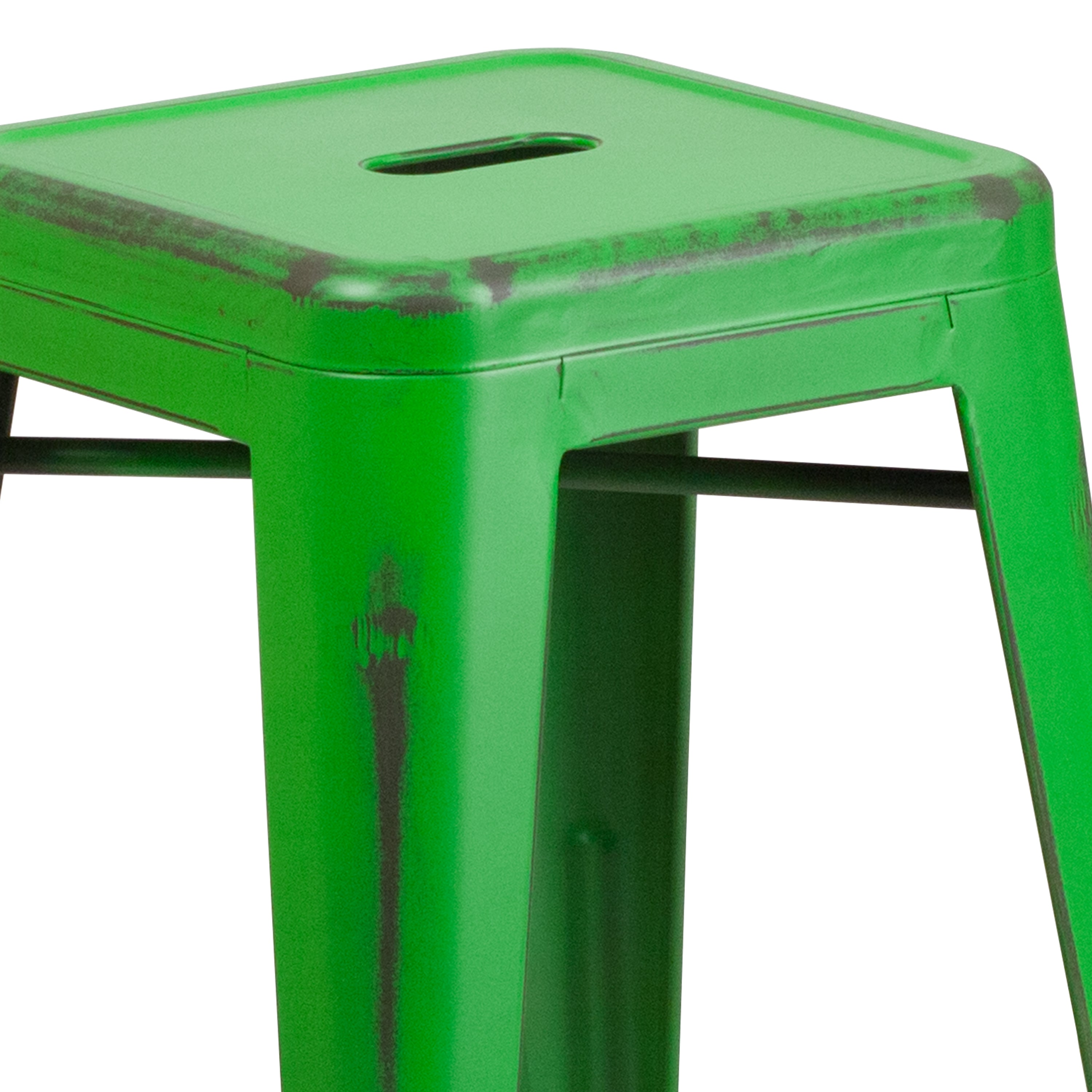 Kai Commercial Grade 24" High Backless Distressed Green Metal Indoor-Outdoor Counter Height Stool