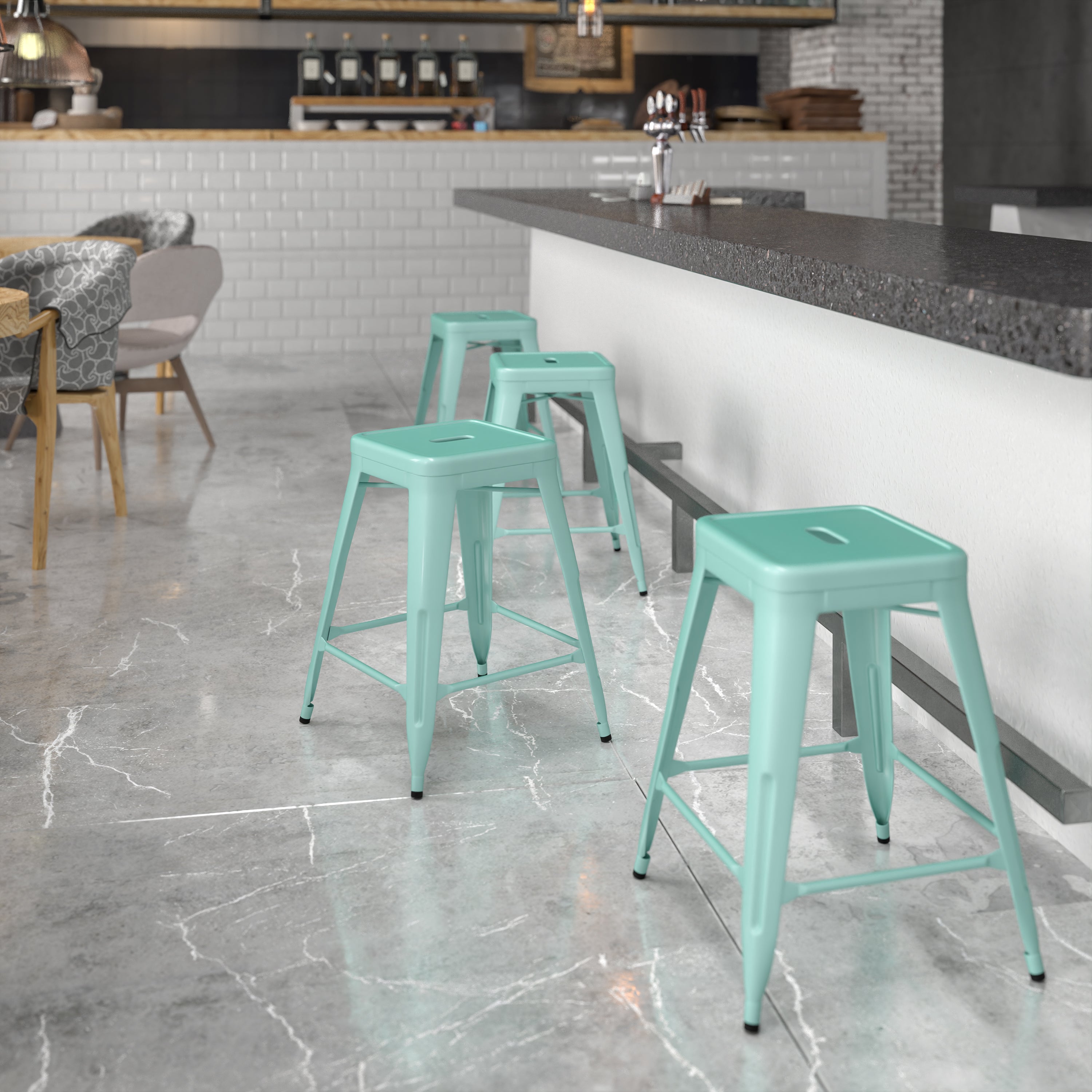 Kai Commercial Grade 24" High Backless Mint Green Indoor-Outdoor Counter Height Stool