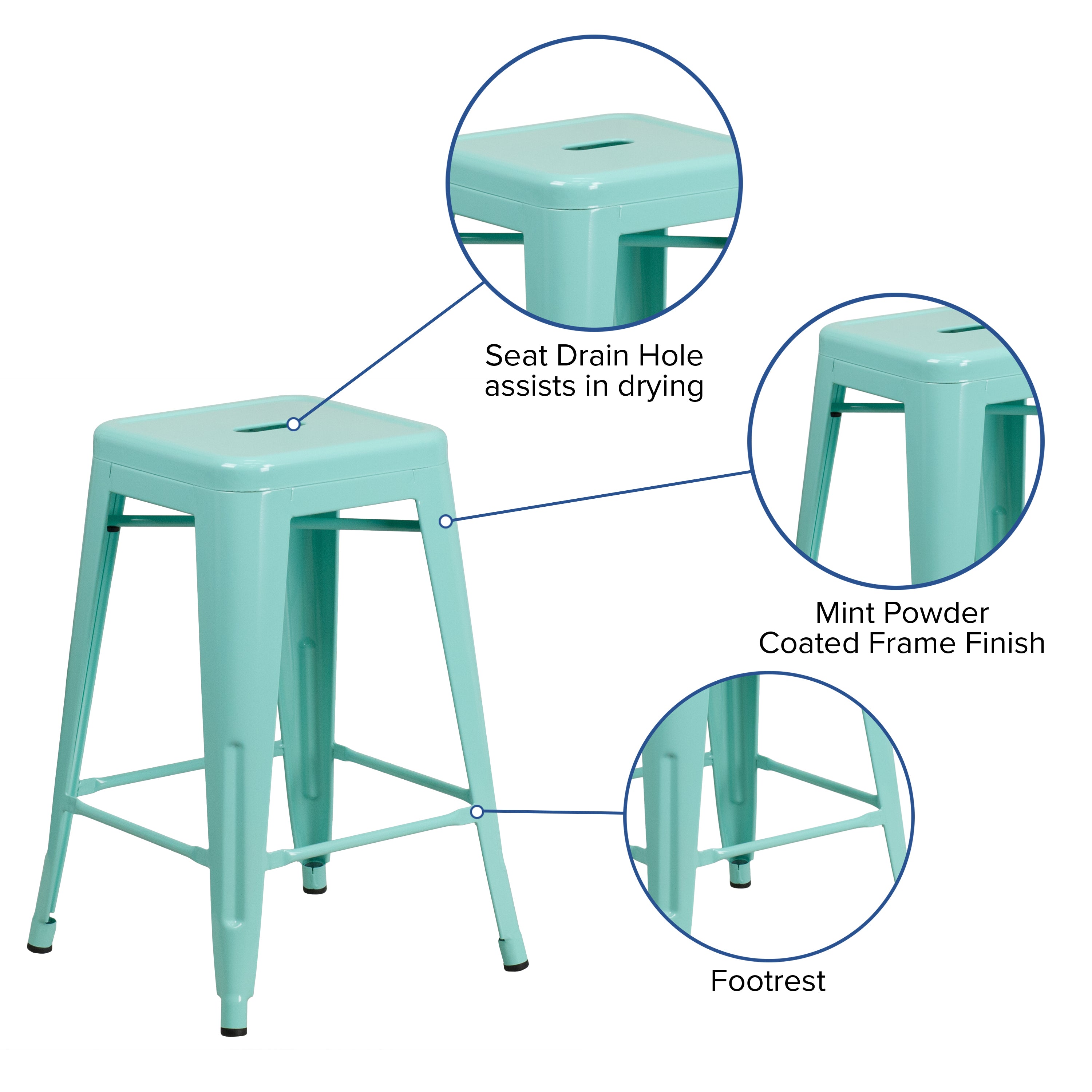 Kai Commercial Grade 24" High Backless Mint Green Indoor-Outdoor Counter Height Stool