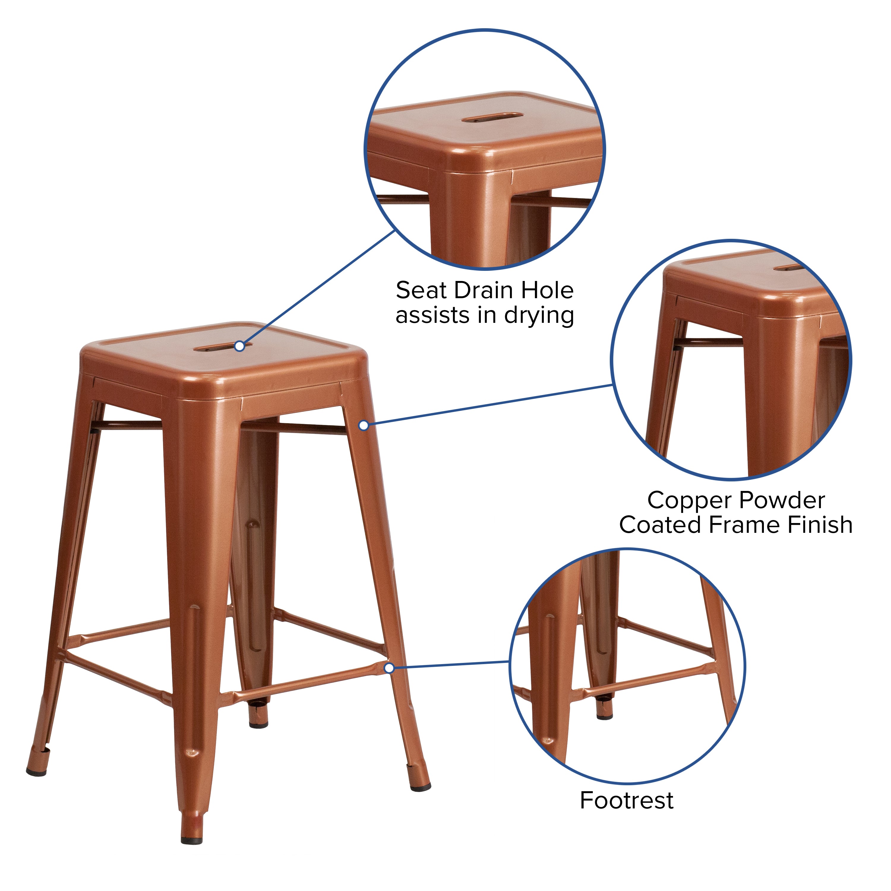 Kai Commercial Grade 24" High Backless Copper Indoor-Outdoor Counter Height Stool
