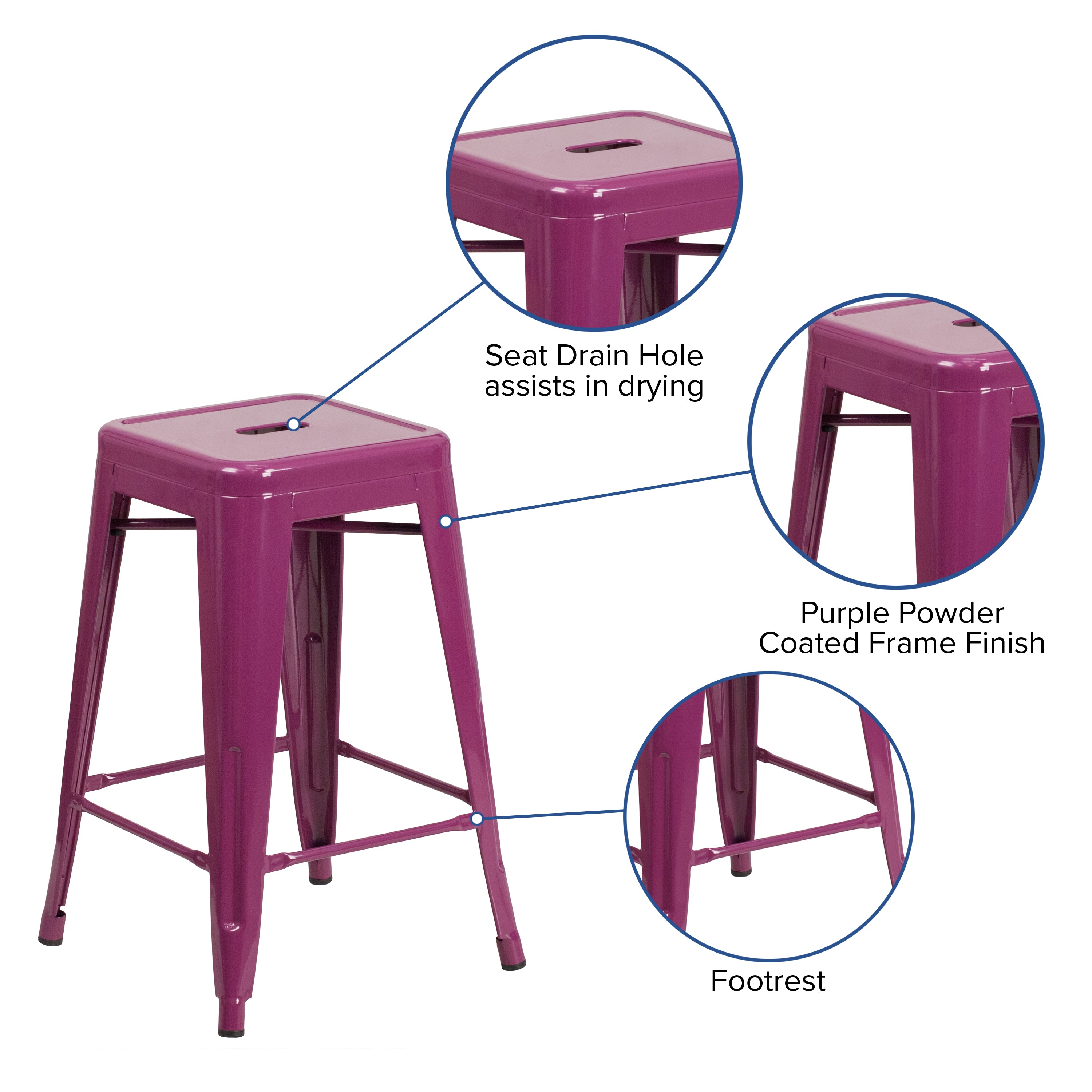 Kai Commercial Grade 24" High Backless Purple Indoor-Outdoor Counter Height Stool
