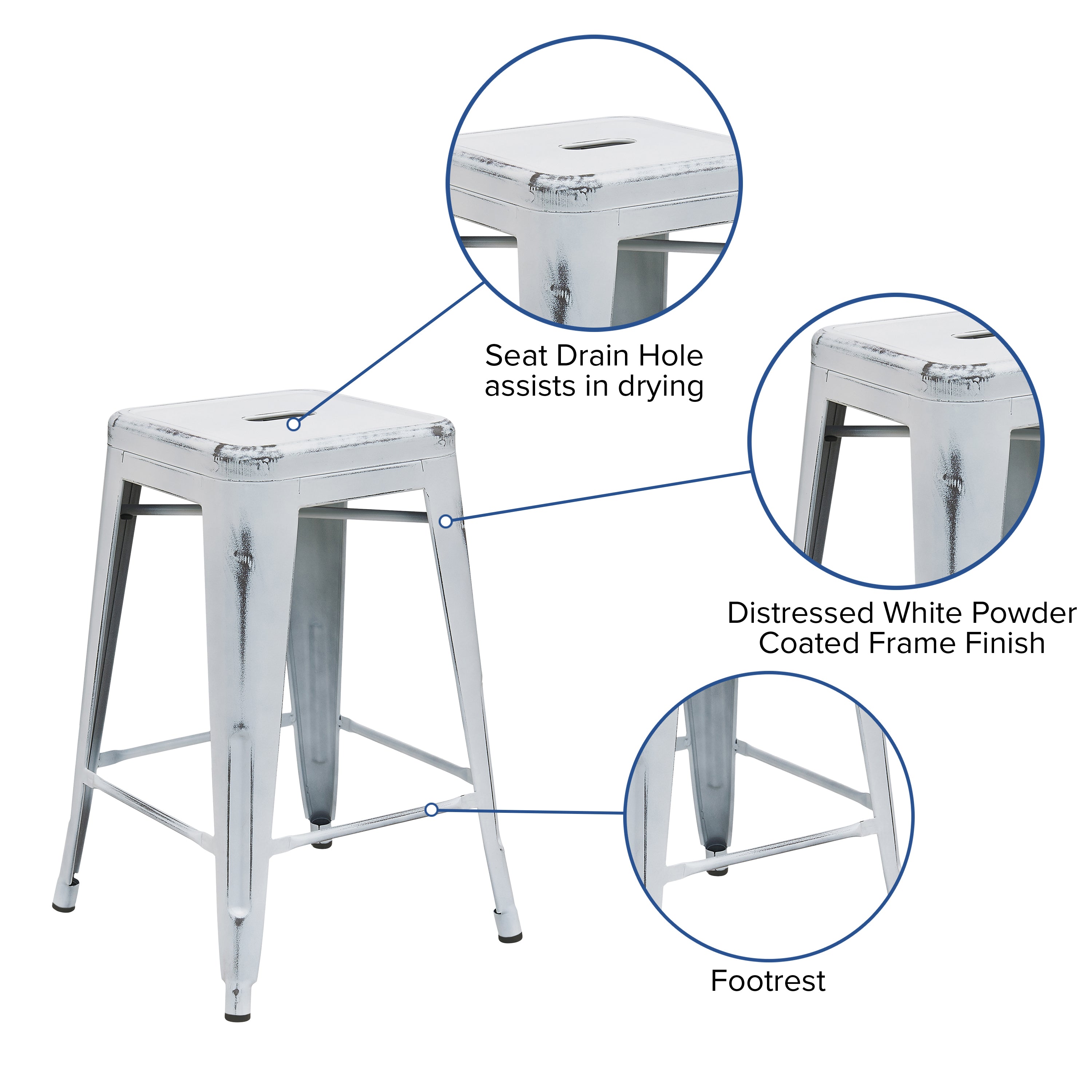 Kai Commercial Grade 24" High Backless Distressed White Metal Indoor-Outdoor Counter Height Stool