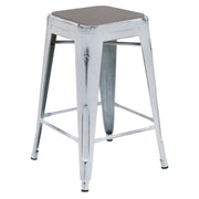 Kai Commercial Grade 24" High Backless Distressed White Metal Indoor-Outdoor Counter Height Stool with Gray All-Weather Polystyrene Seat