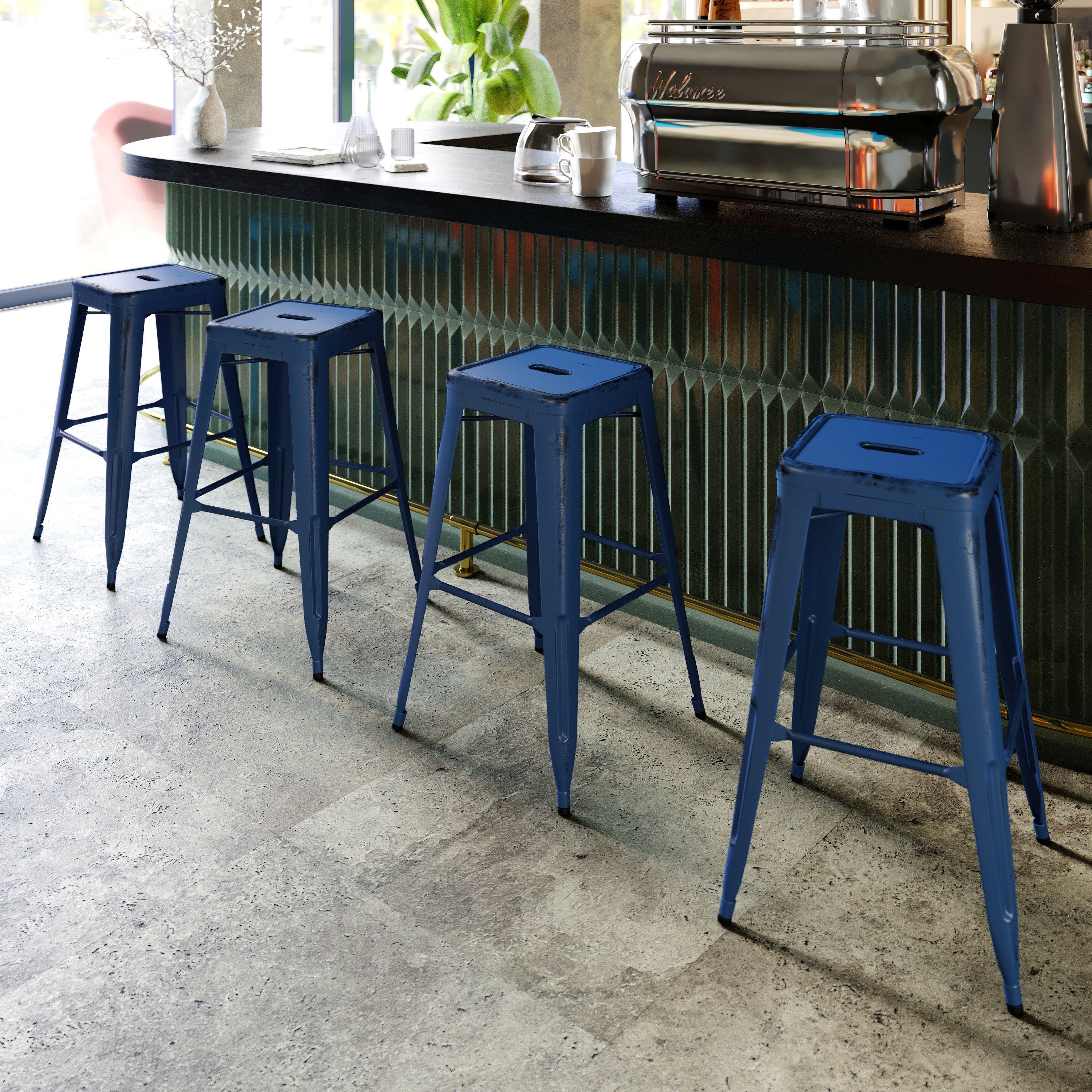 Kai Commercial Grade 30" High Backless Distressed Antique Blue Metal Indoor-Outdoor Barstool