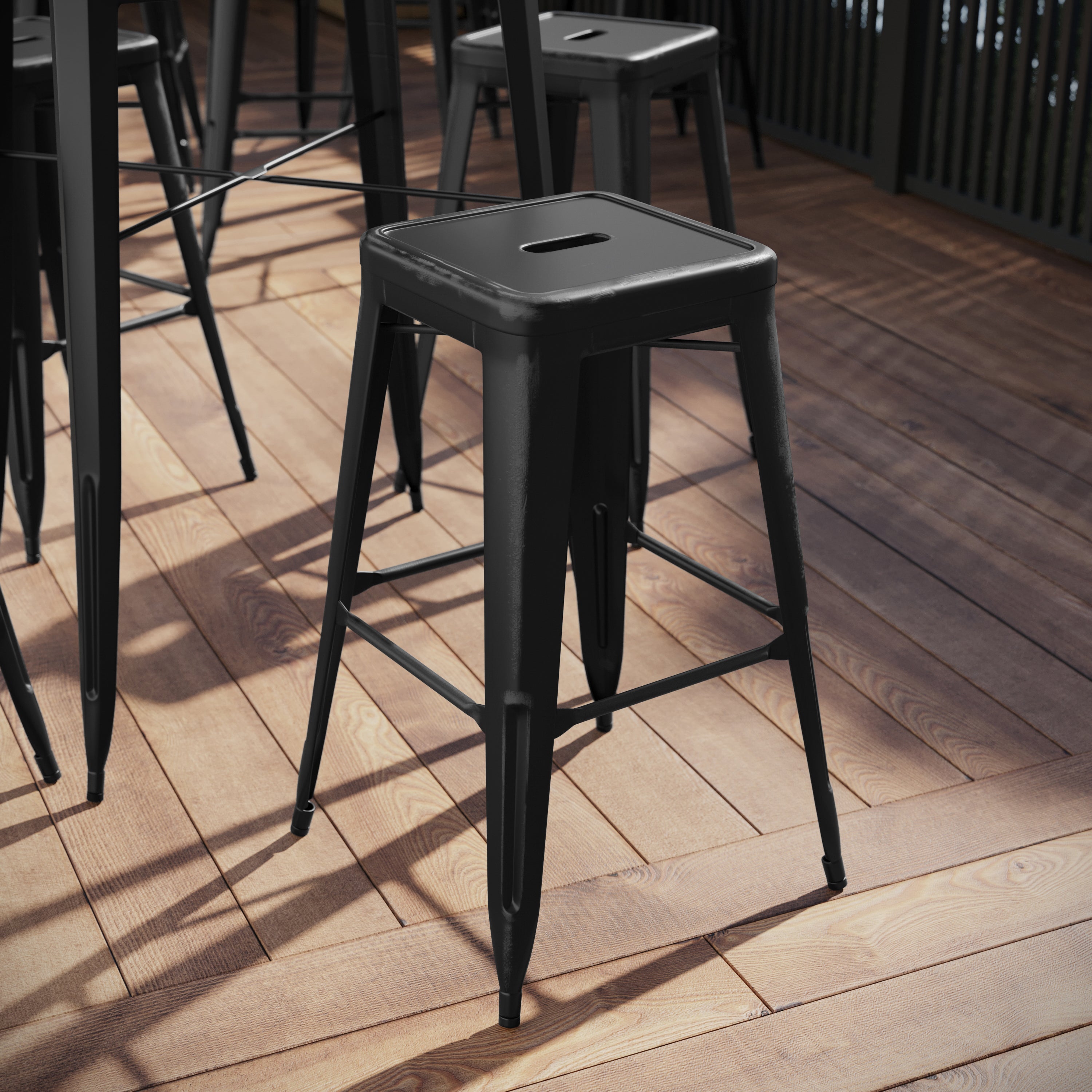 Kai Commercial Grade 30" High Backless Distressed Black Metal Indoor-Outdoor Barstool