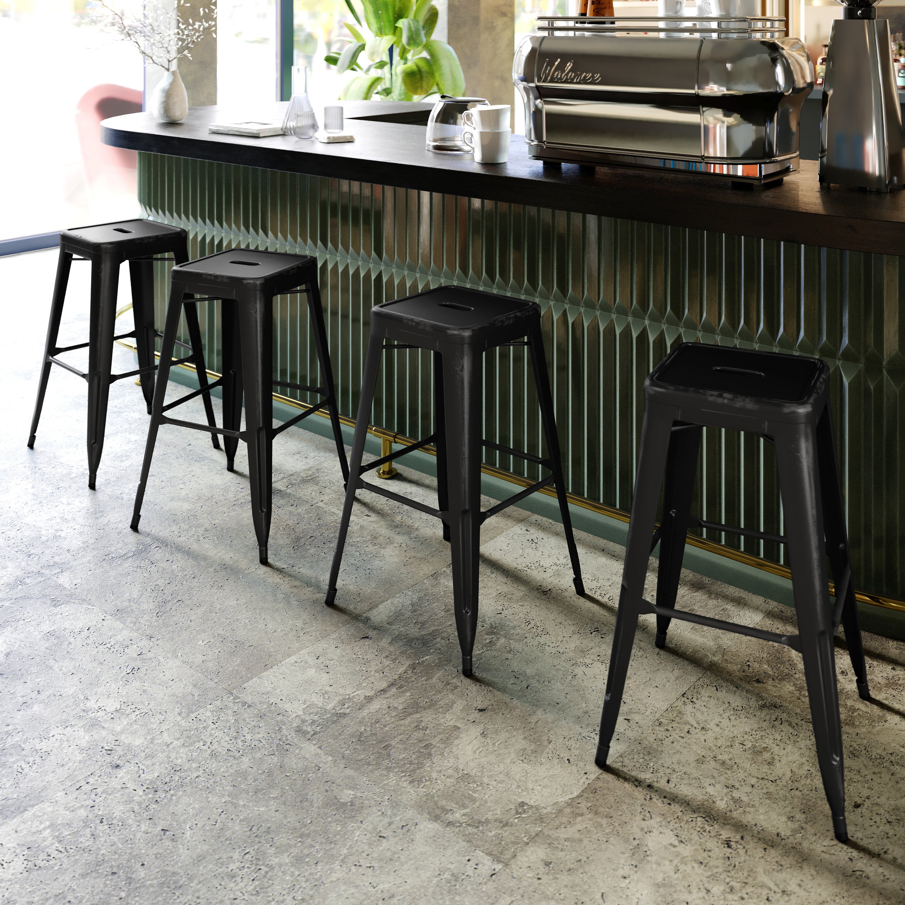 Kai Commercial Grade 30" High Backless Distressed Black Metal Indoor-Outdoor Barstool
