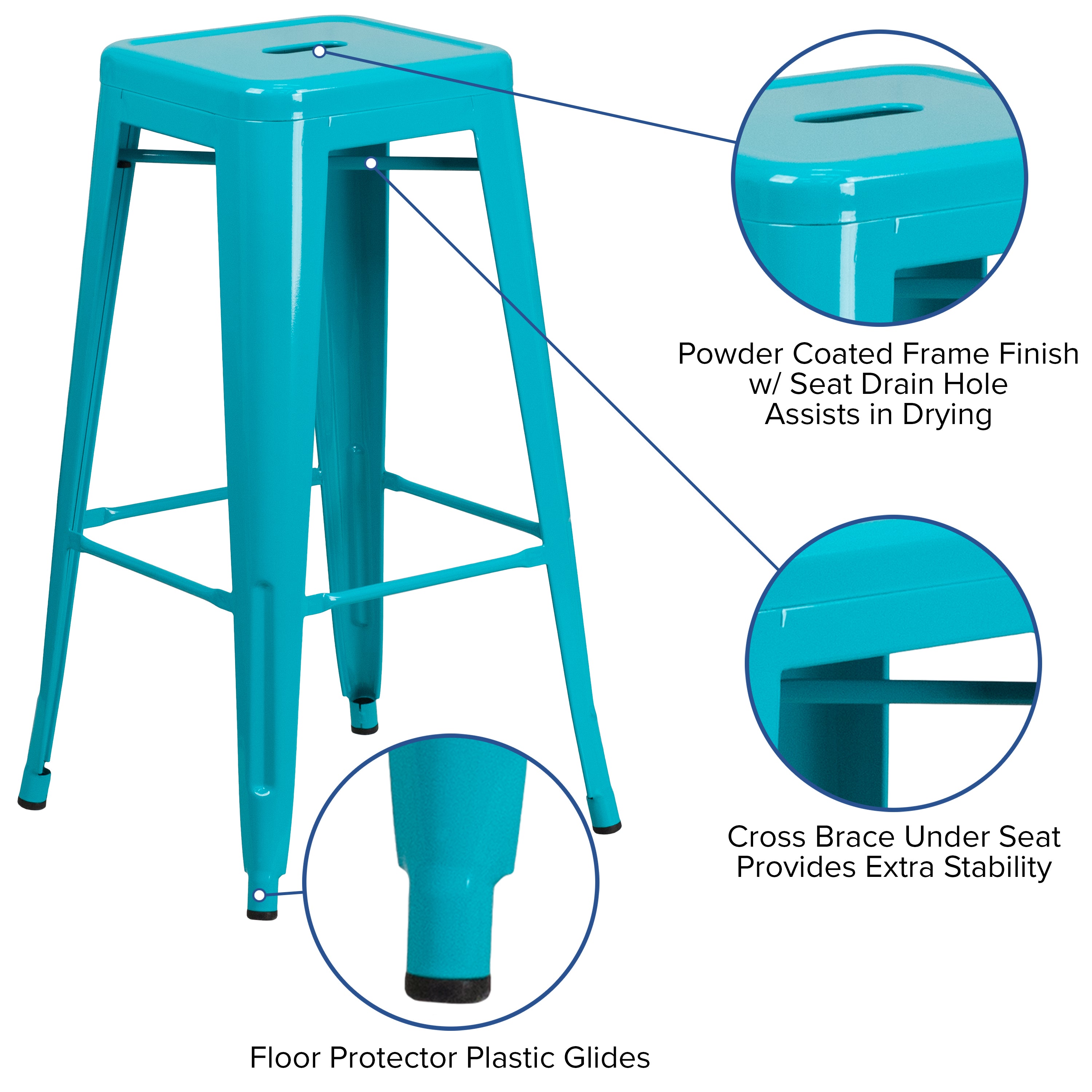Kai Commercial Grade 30" High Backless Crystal Teal-Blue Indoor-Outdoor Barstool