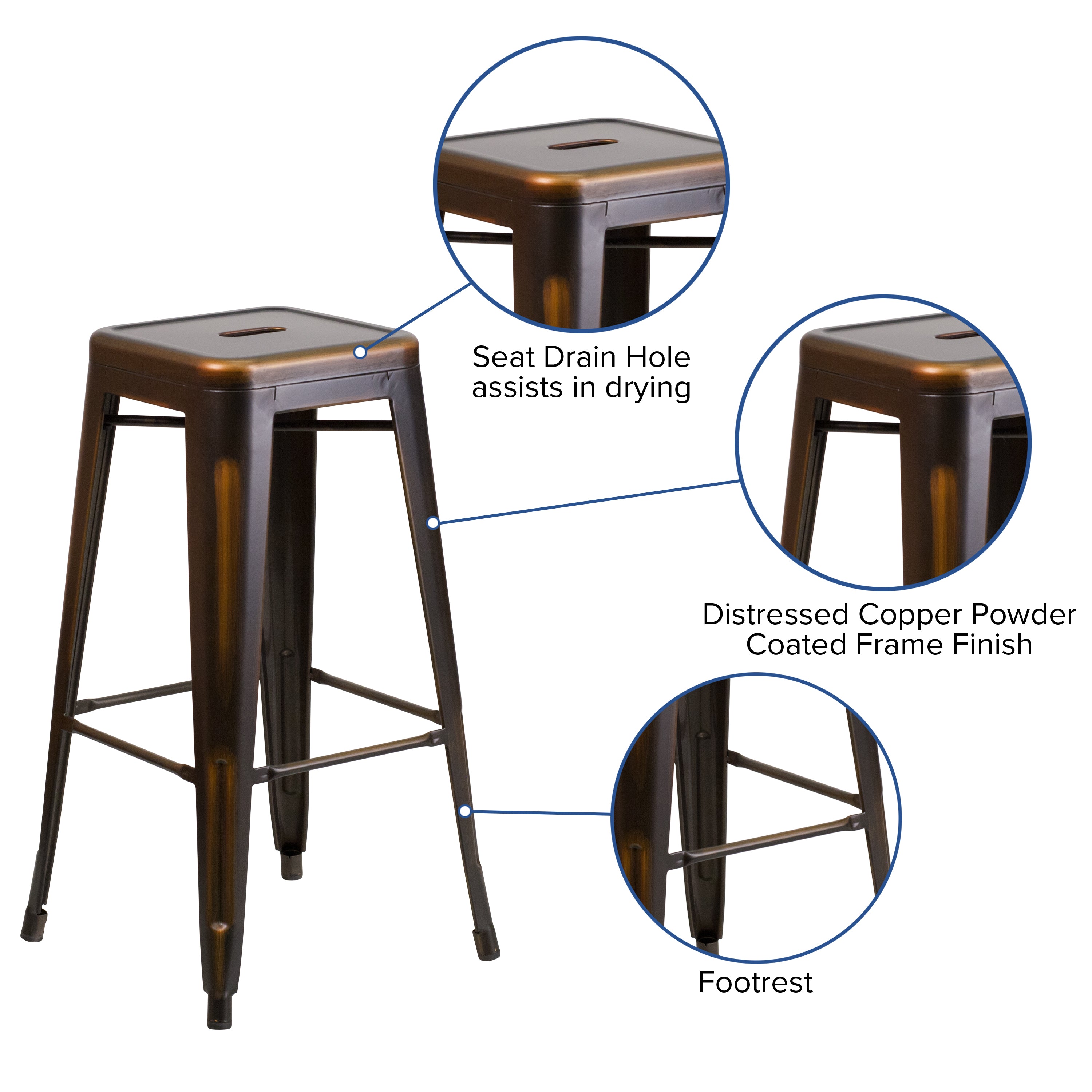 Kai Commercial Grade 30" High Backless Distressed Copper Metal Indoor-Outdoor Barstool