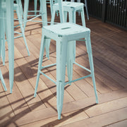 Kai Commercial Grade 30" High Backless Distressed Green-Blue Metal Indoor-Outdoor Barstool