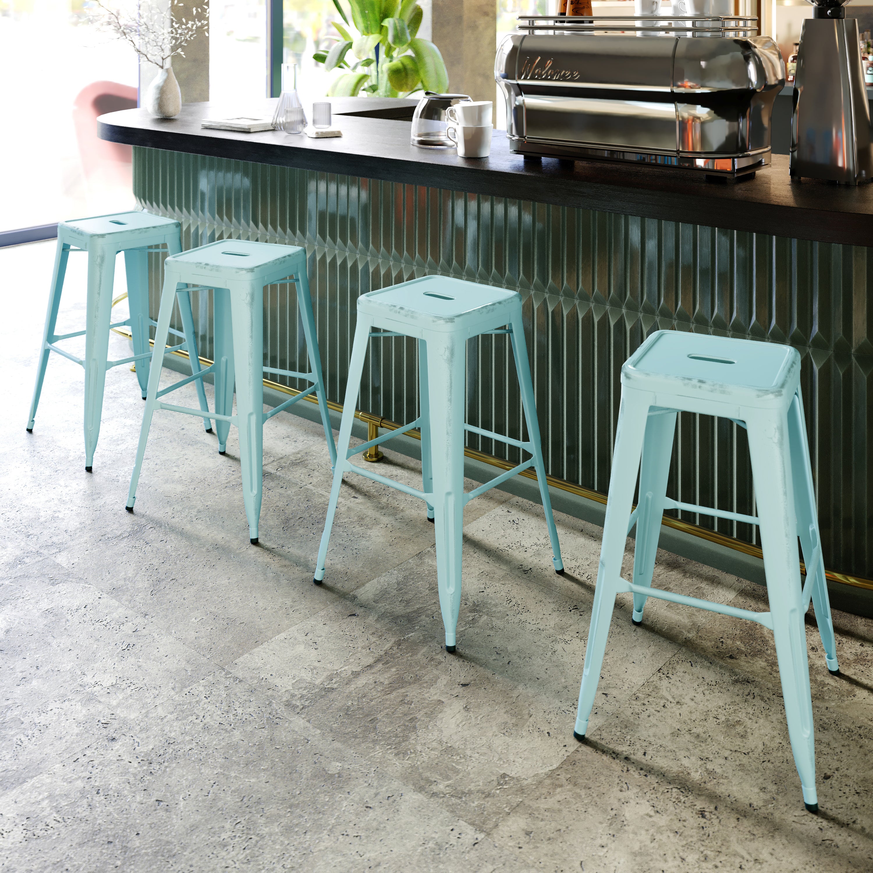 Kai Commercial Grade 30" High Backless Distressed Green-Blue Metal Indoor-Outdoor Barstool