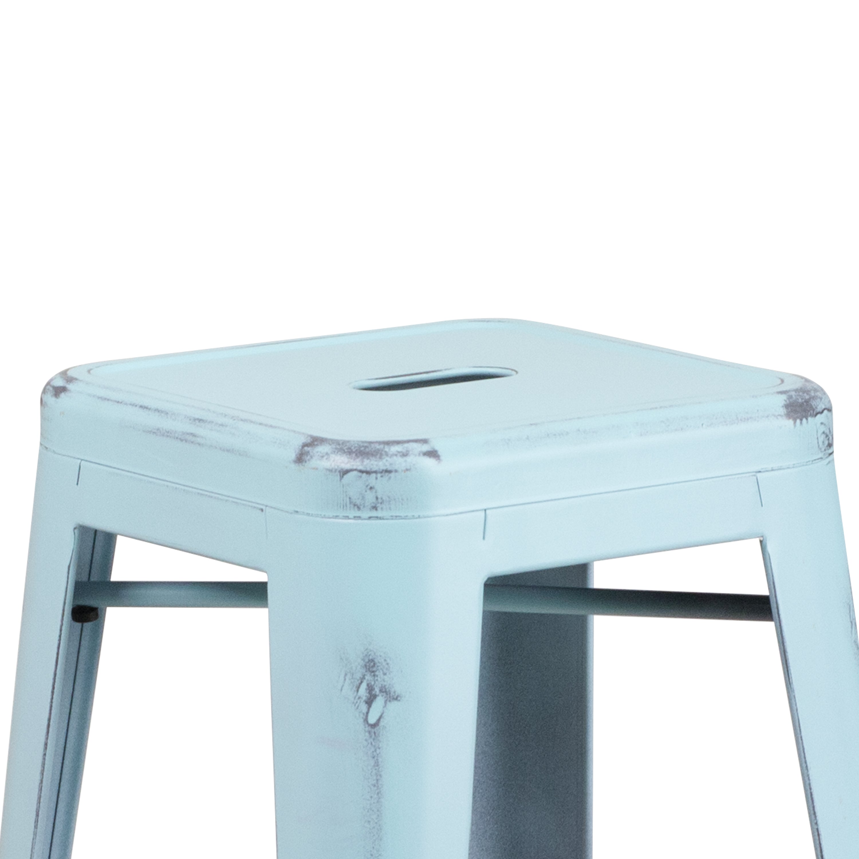 Kai Commercial Grade 30" High Backless Distressed Green-Blue Metal Indoor-Outdoor Barstool