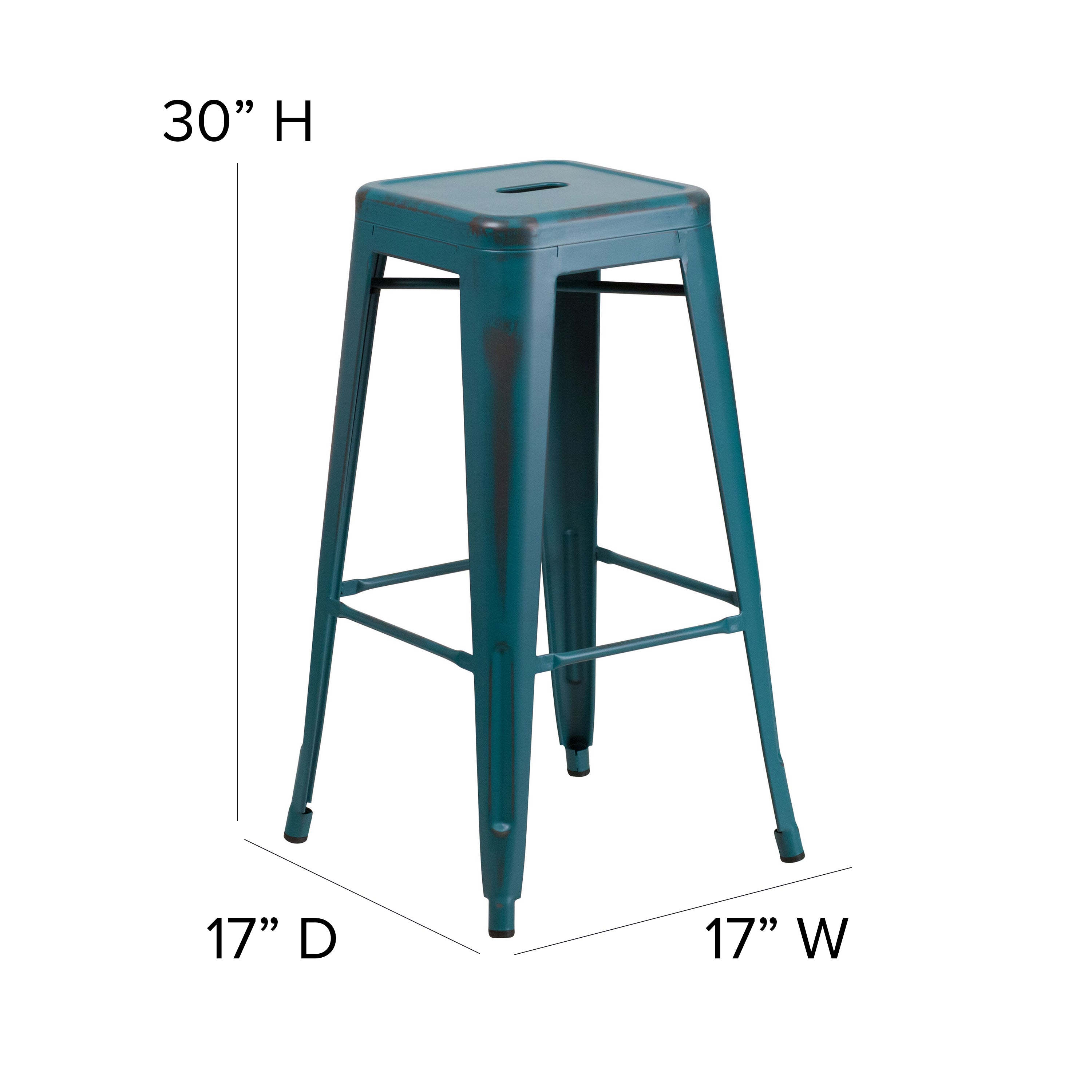 Kai Commercial Grade 30" High Backless Distressed Kelly Blue-Teal Metal Indoor-Outdoor Barstool