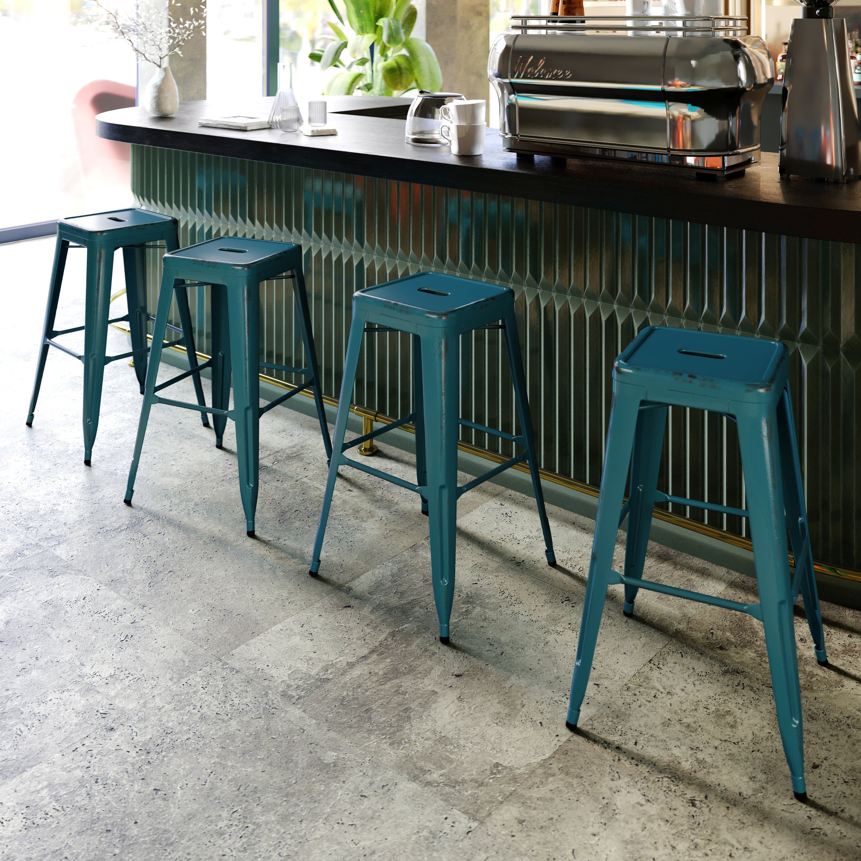Kai Commercial Grade 30" High Backless Distressed Kelly Blue-Teal Metal Indoor-Outdoor Barstool