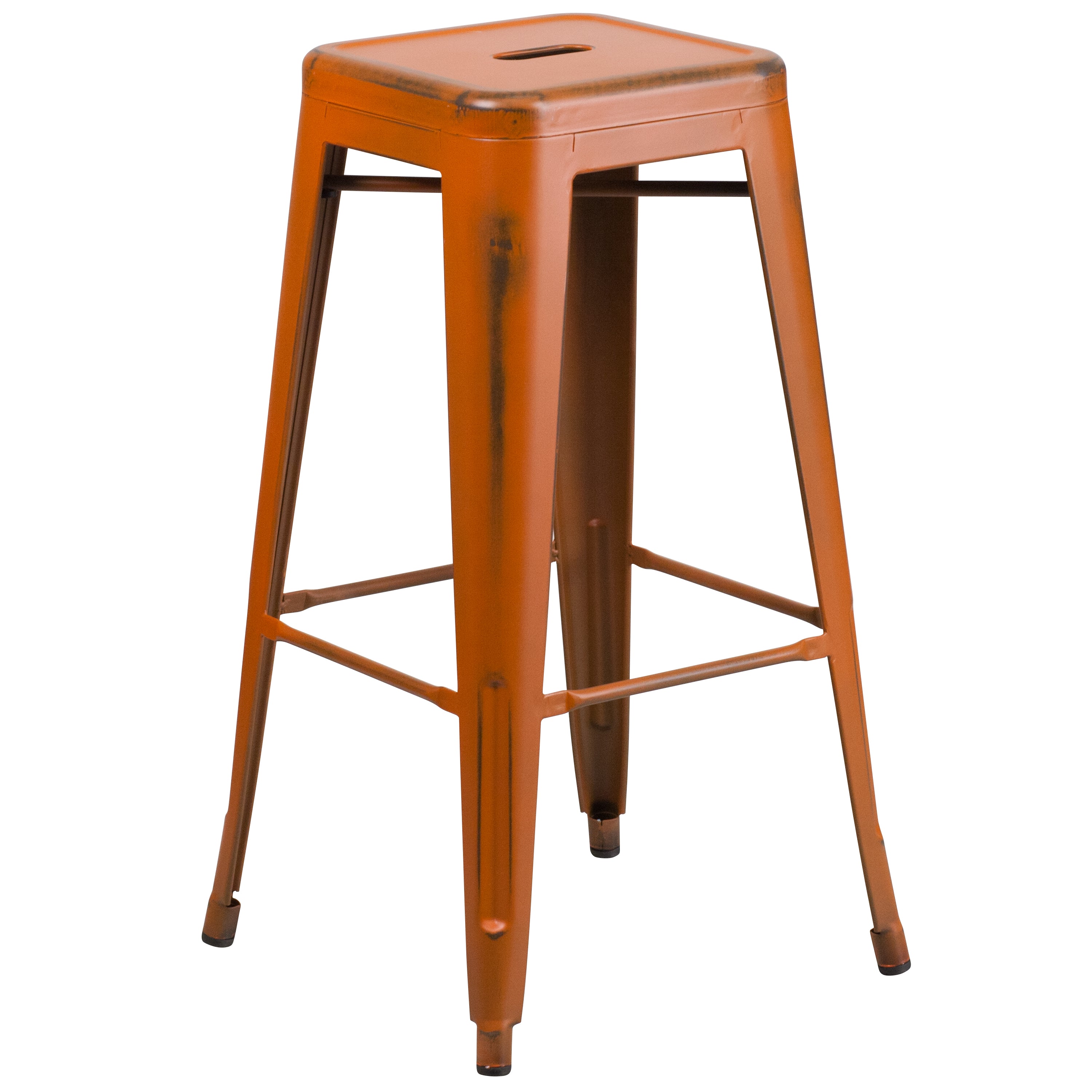 Kai Commercial Grade 30" High Backless Distressed Orange Metal Indoor-Outdoor Barstool