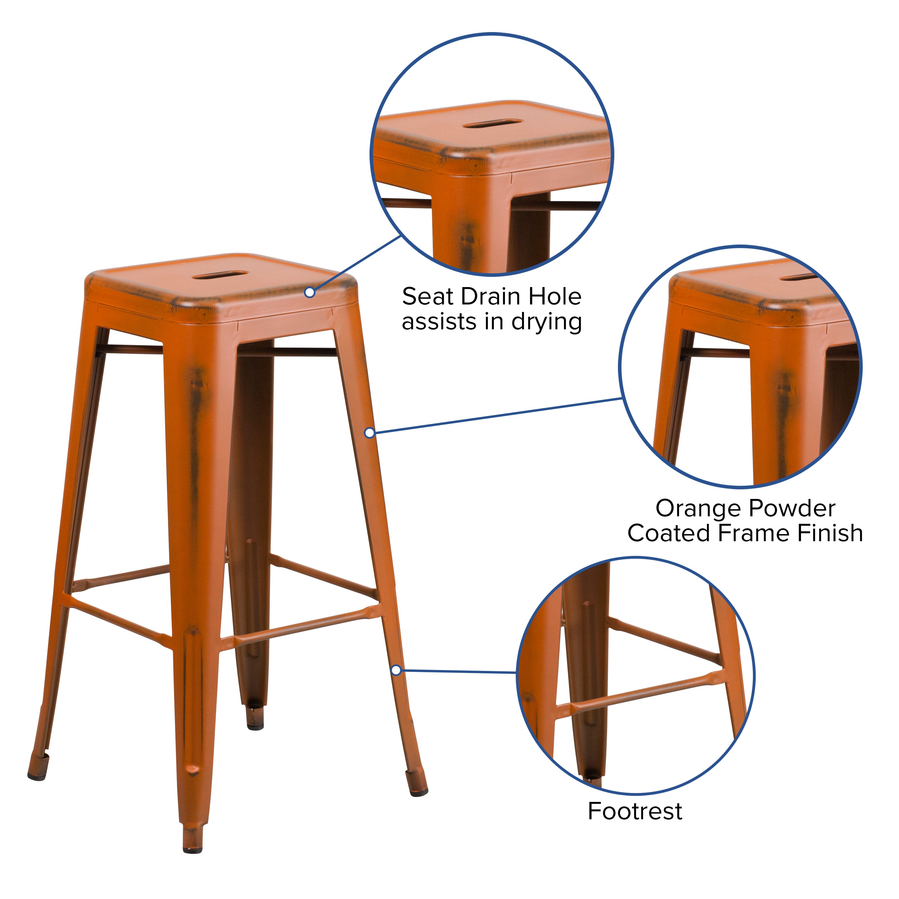 Kai Commercial Grade 30" High Backless Distressed Orange Metal Indoor-Outdoor Barstool