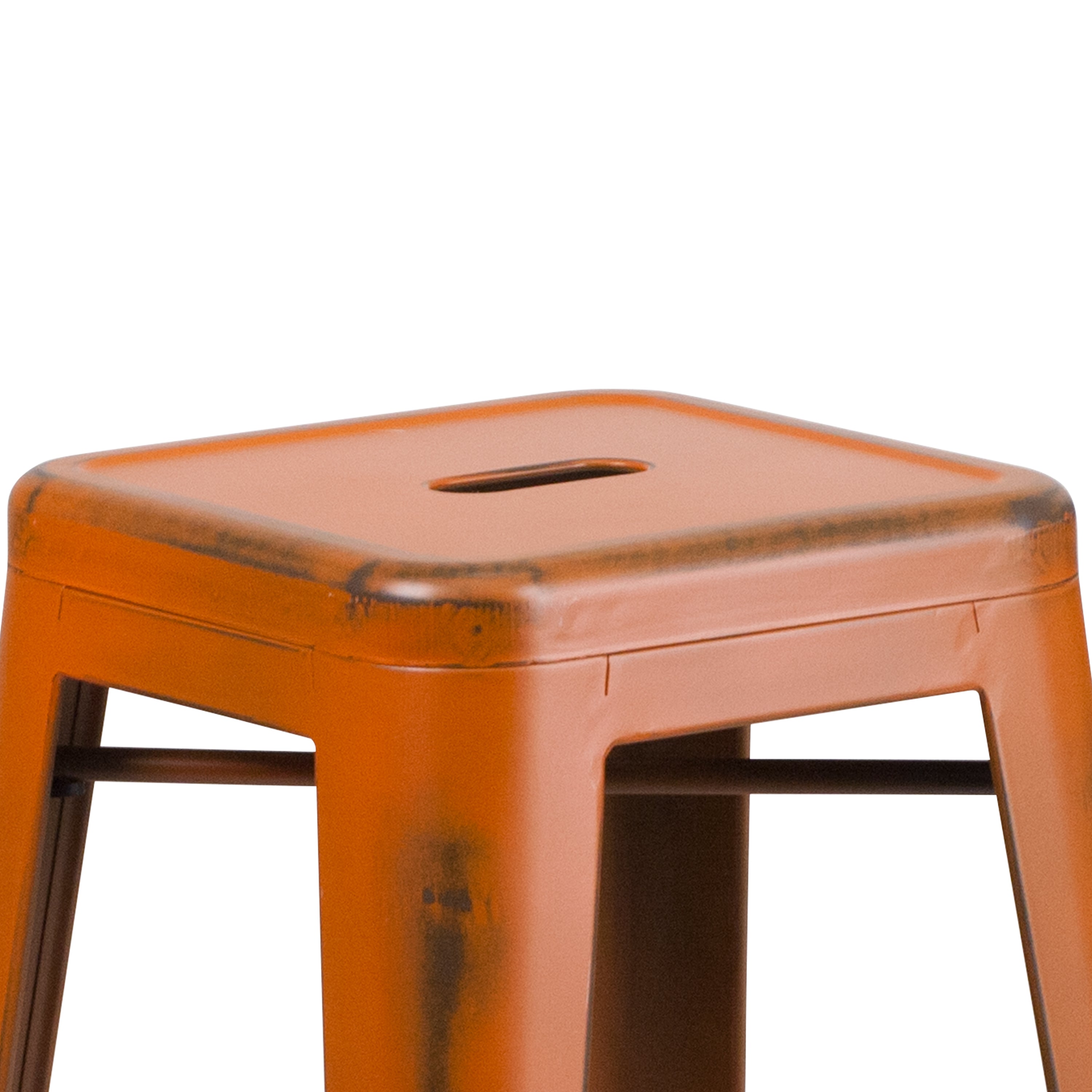 Kai Commercial Grade 30" High Backless Distressed Orange Metal Indoor-Outdoor Barstool
