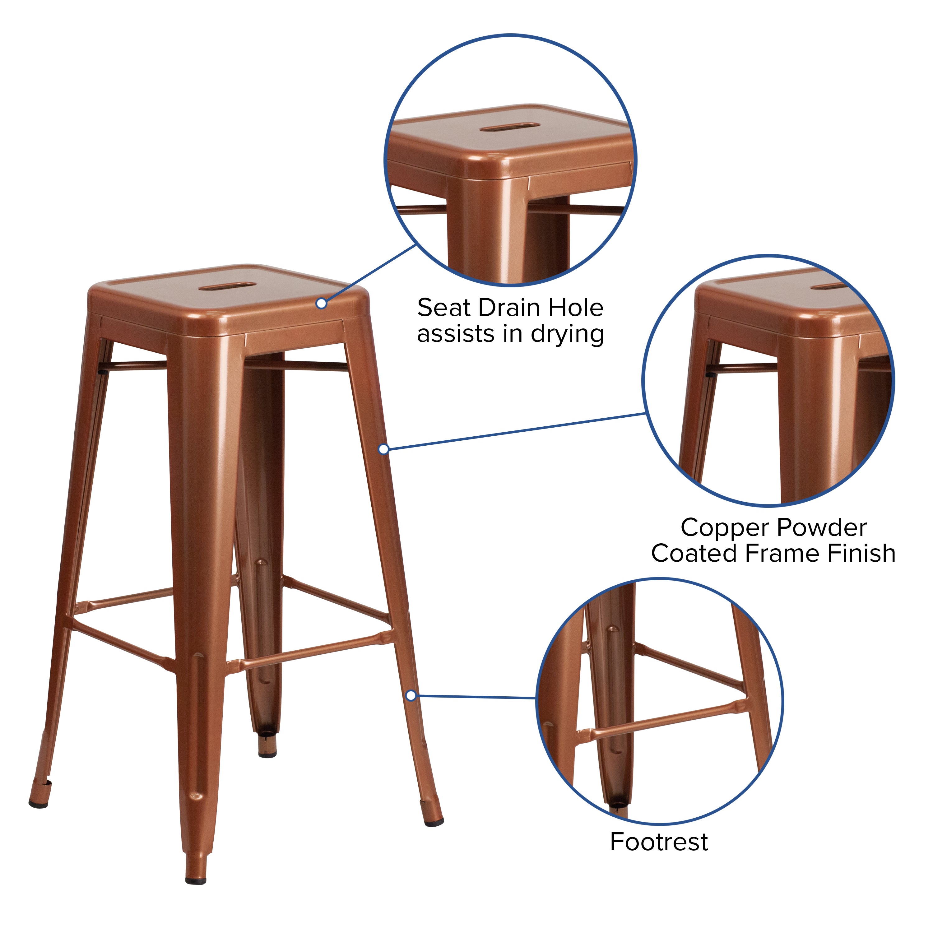 Kai Commercial Grade 30" High Backless Copper Indoor-Outdoor Barstool