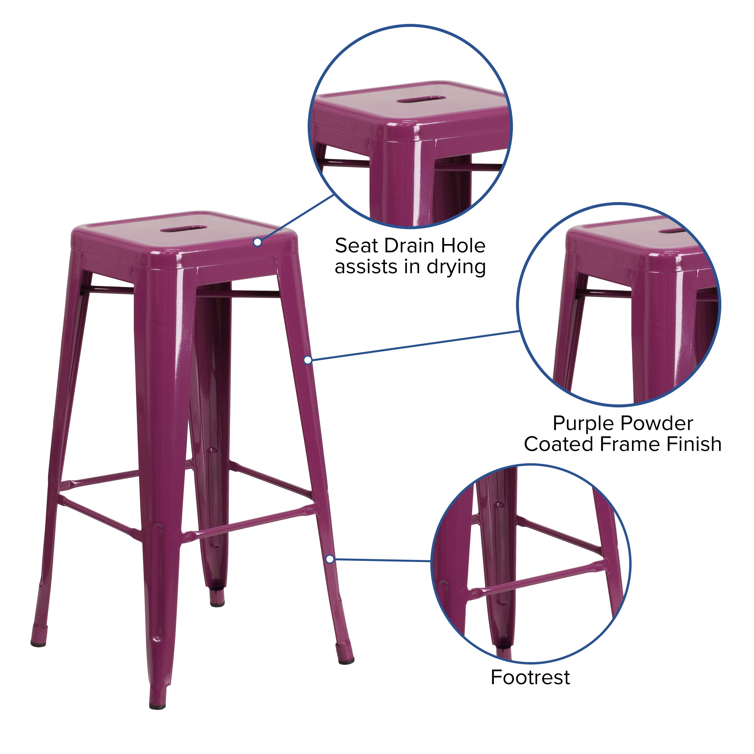 Kai Commercial Grade 30" High Backless Purple Indoor-Outdoor Barstool