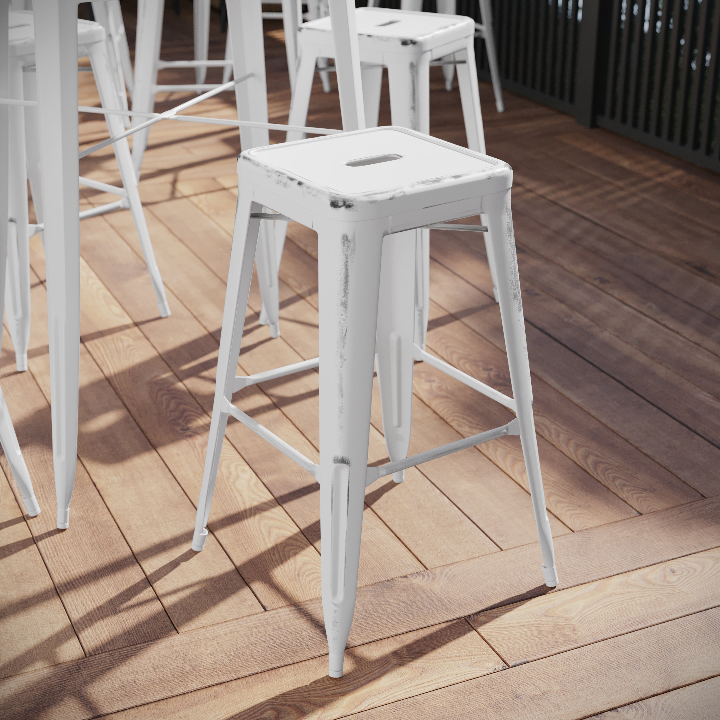 Kai Commercial Grade 30" High Backless Distressed White Metal Indoor-Outdoor Barstool