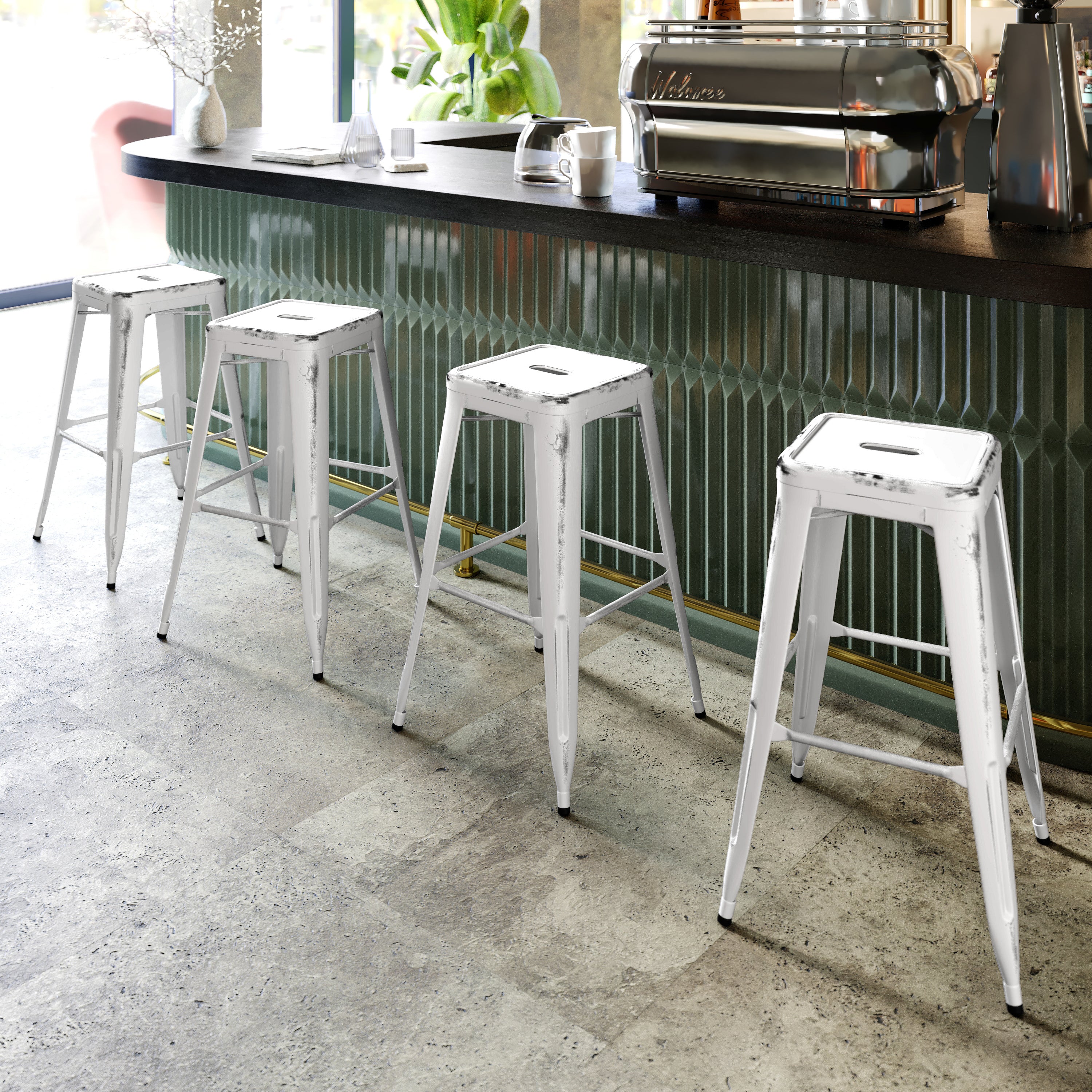 Kai Commercial Grade 30" High Backless Distressed White Metal Indoor-Outdoor Barstool