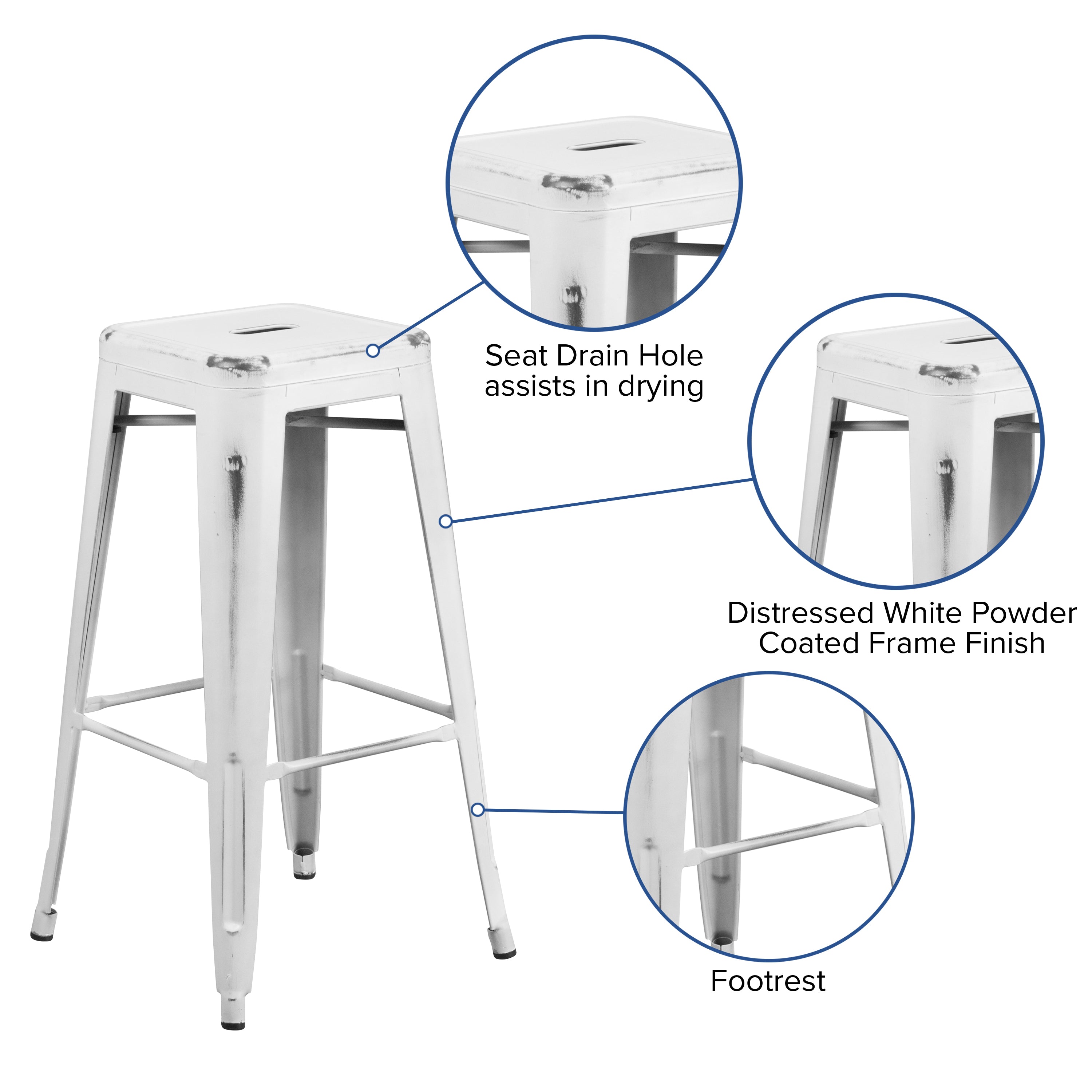 Kai Commercial Grade 30" High Backless Distressed White Metal Indoor-Outdoor Barstool