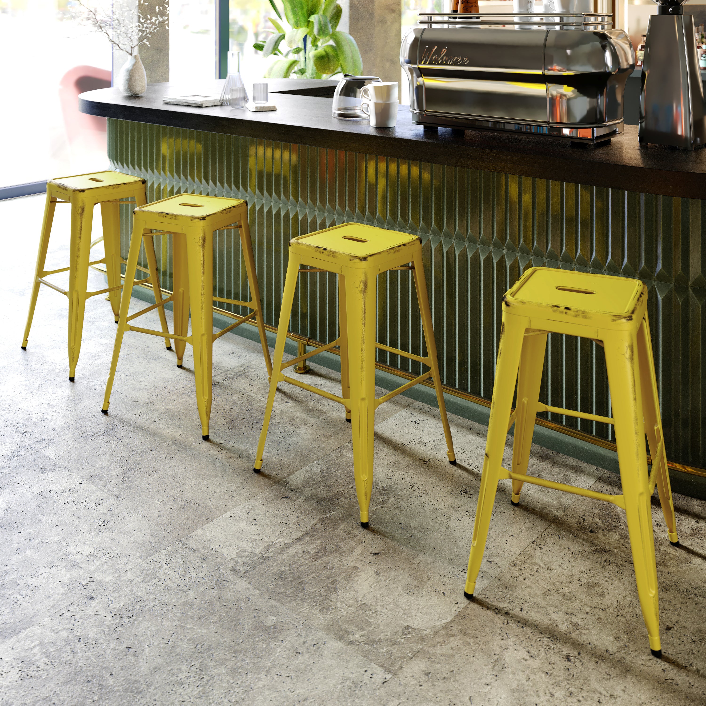 Kai Commercial Grade 30" High Backless Distressed Yellow Metal Indoor-Outdoor Barstool