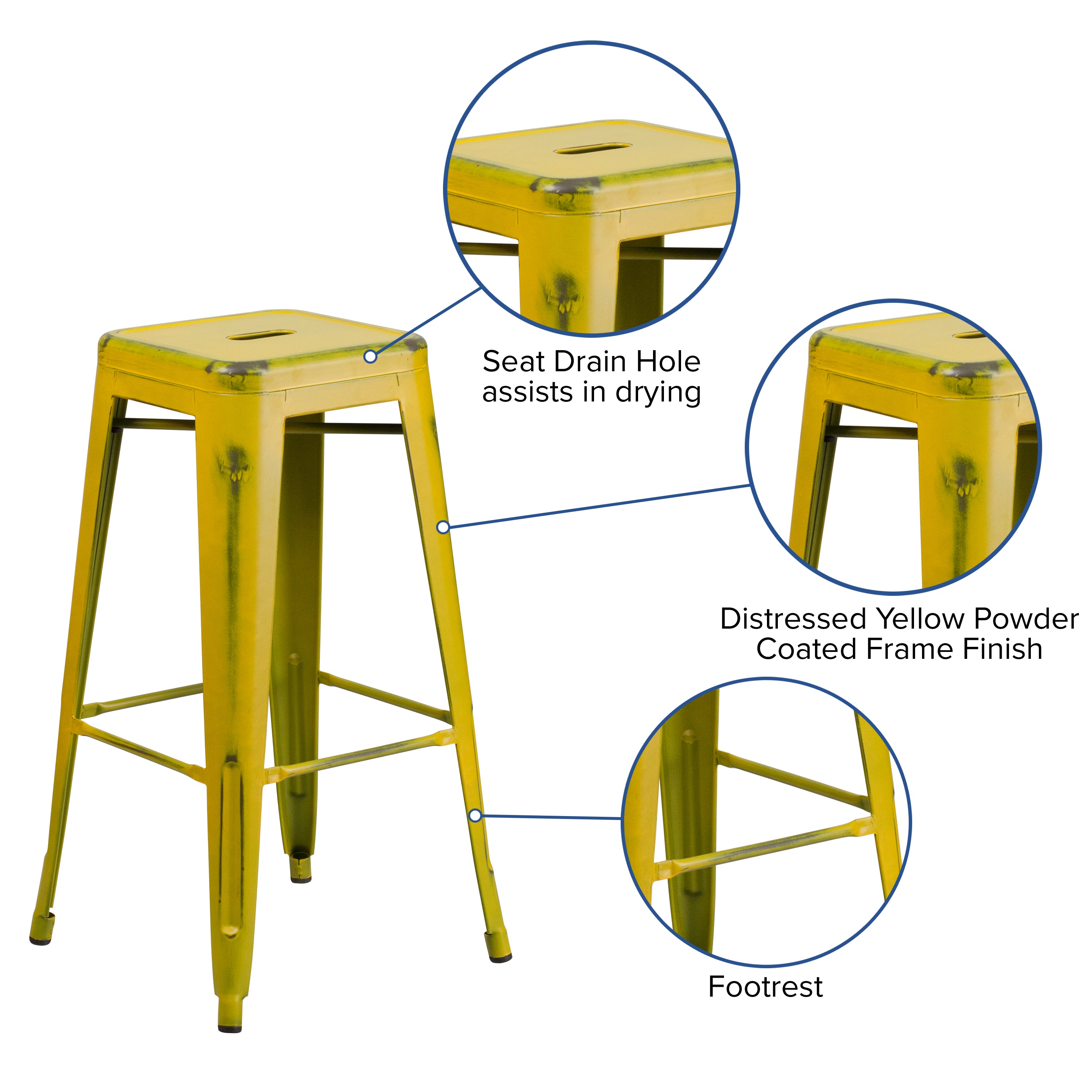 Kai Commercial Grade 30" High Backless Distressed Yellow Metal Indoor-Outdoor Barstool
