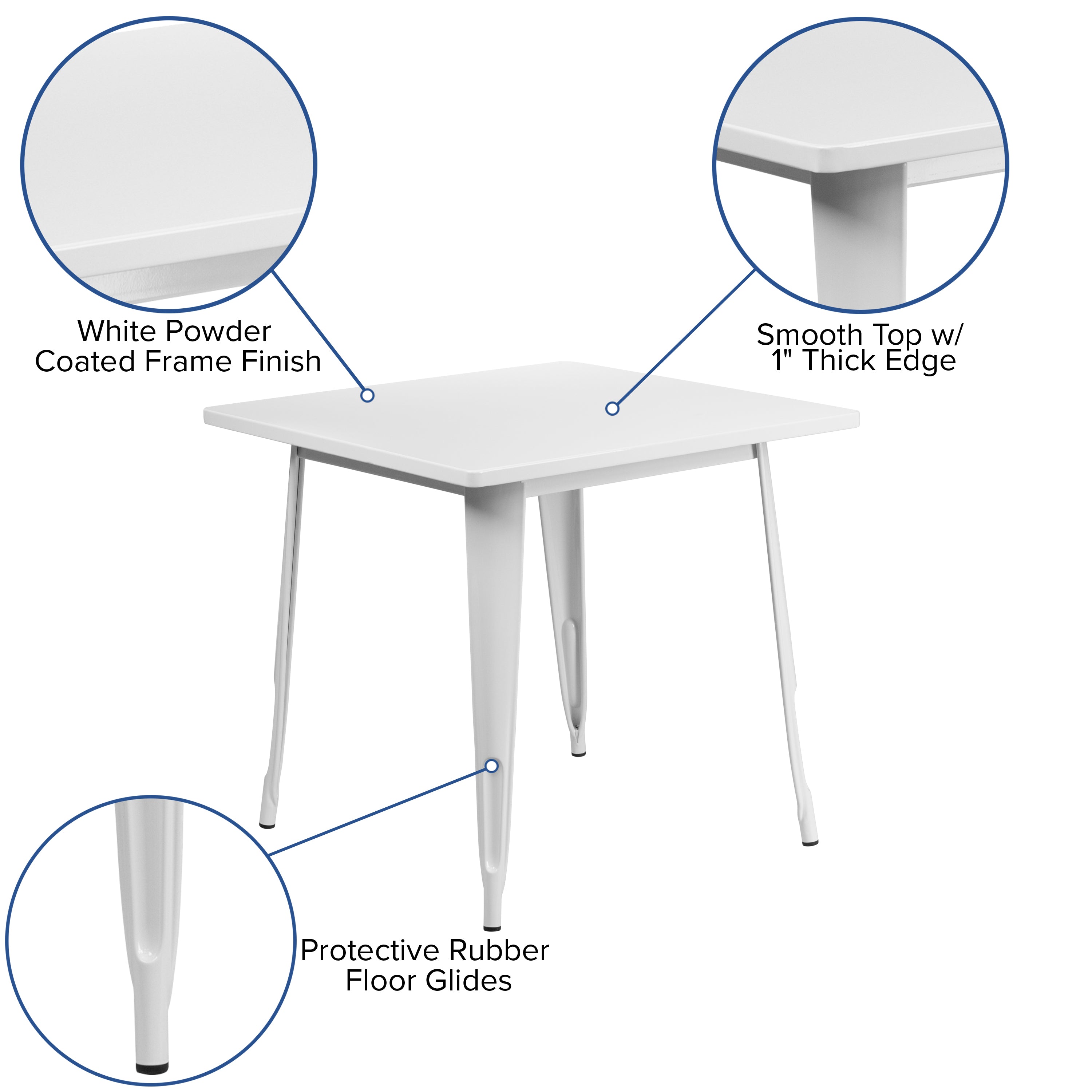 Foster Commercial Grade 31.5" Square White Metal Indoor-Outdoor Table Set with 4 Stack Chairs