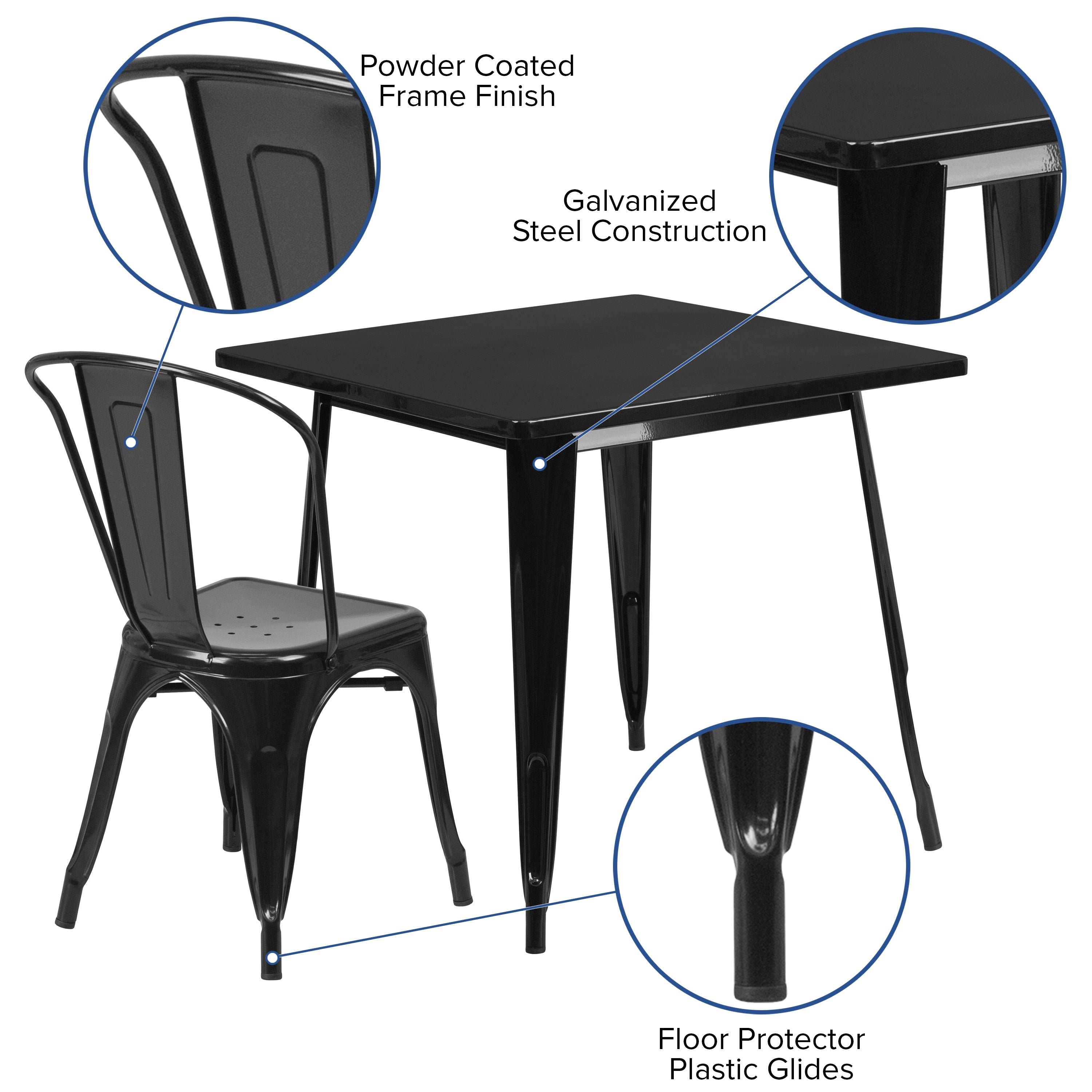 Foster Commercial Grade 31.5" Square Black Metal Indoor-Outdoor Table Set with 4 Stack Chairs
