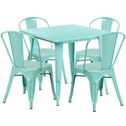 Foster Commercial Grade 31.5" Square Mint Green Metal Indoor-Outdoor Table Set with 4 Stack Chairs