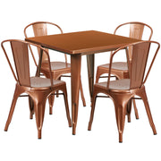 Foster Commercial Grade 31.5" Square Copper Metal Indoor-Outdoor Table Set with 4 Stack Chairs