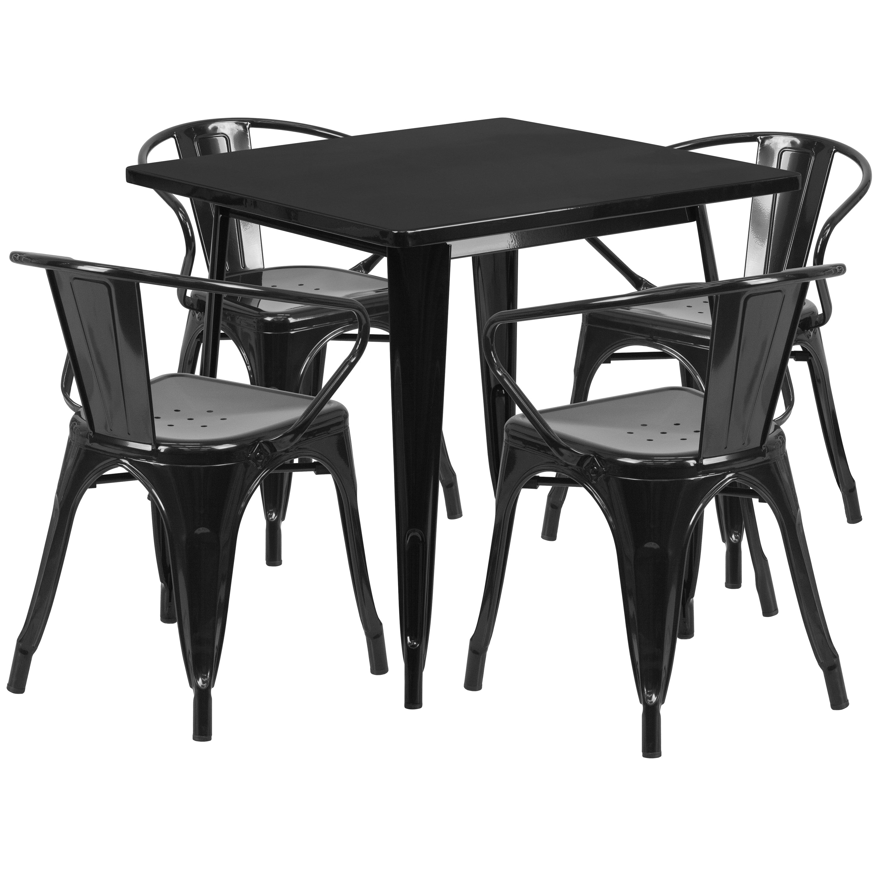 Grady Commercial Grade 31.5" Square Black Metal Indoor-Outdoor Table Set with 4 Arm Chairs