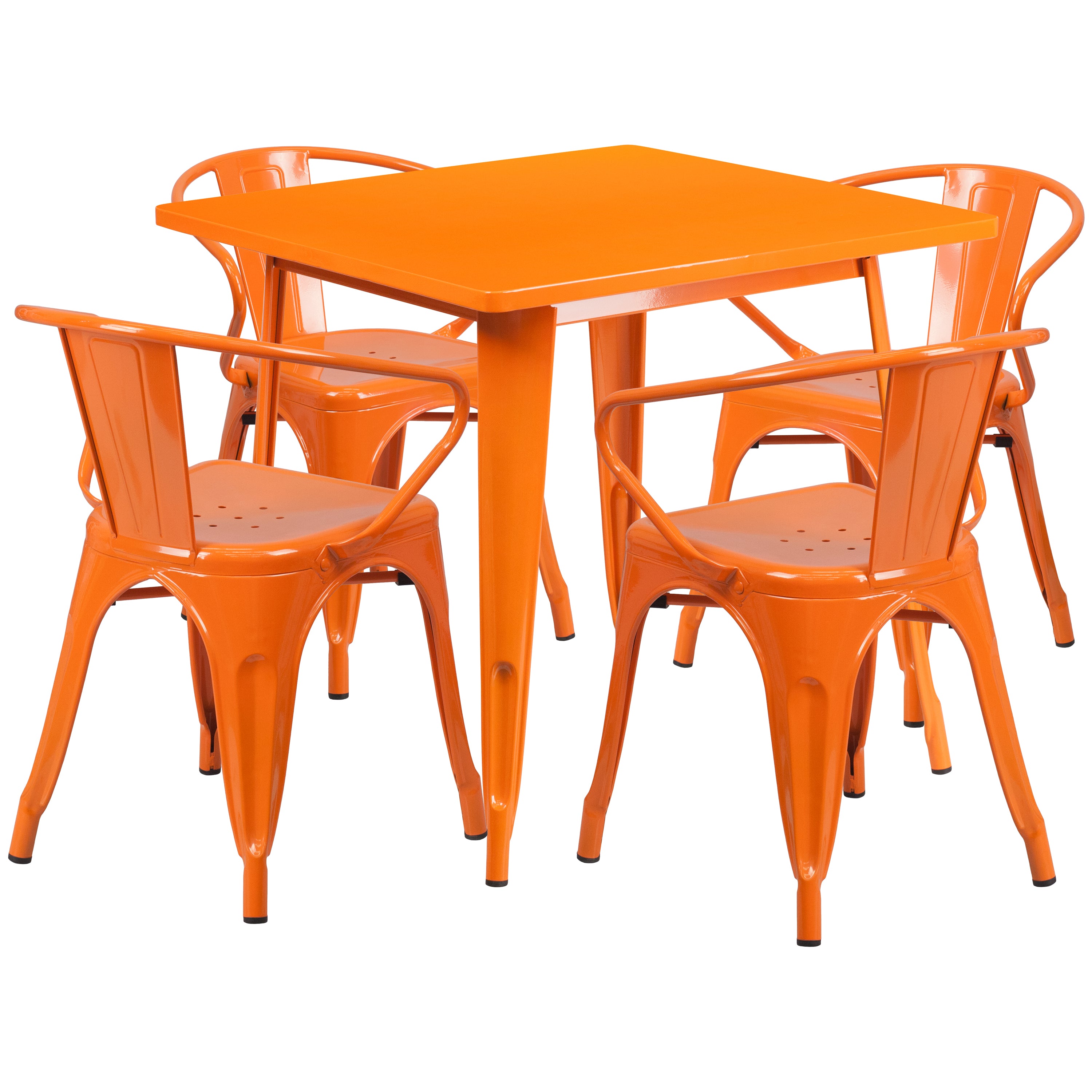 Grady Commercial Grade 31.5" Square Orange Metal Indoor-Outdoor Table Set with 4 Arm Chairs