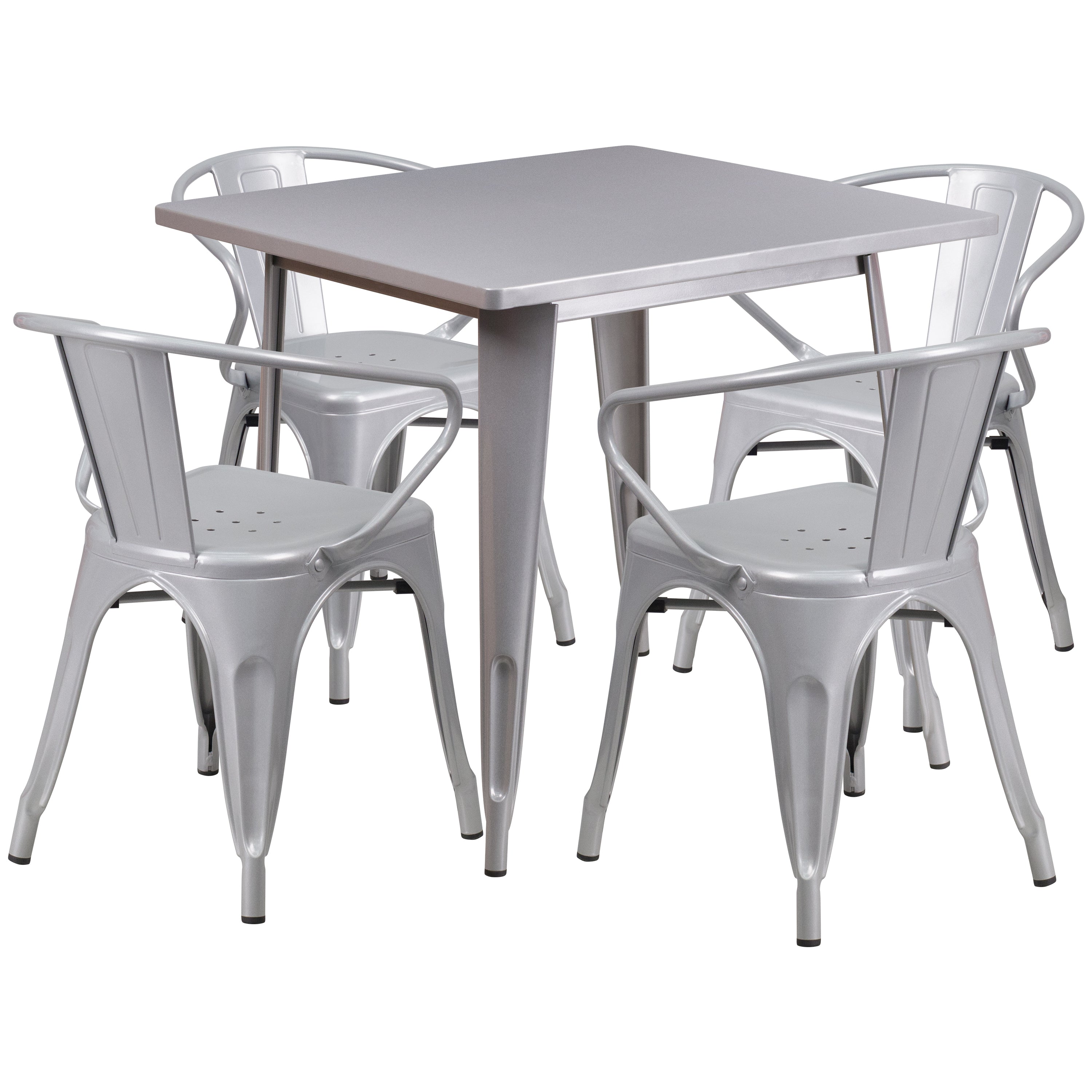 Grady Commercial Grade 31.5" Square Silver Metal Indoor-Outdoor Table Set with 4 Arm Chairs