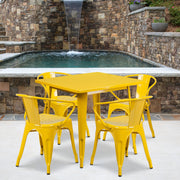 Grady Commercial Grade 31.5" Square Yellow Metal Indoor-Outdoor Table Set with 4 Arm Chairs
