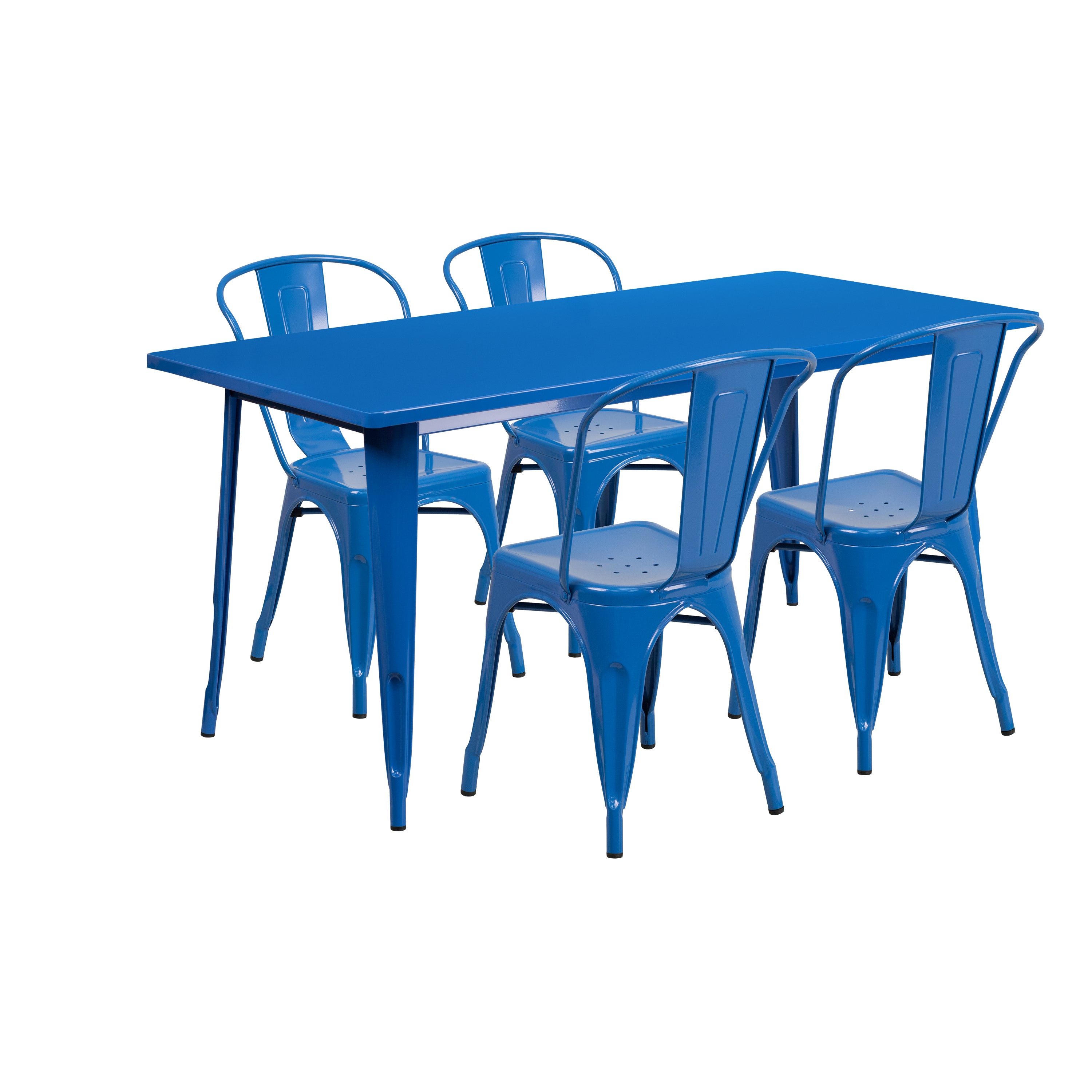 Darcy Commercial Grade 31.5" x 63" Rectangular Blue Metal Indoor-Outdoor Table Set with 4 Stack Chairs