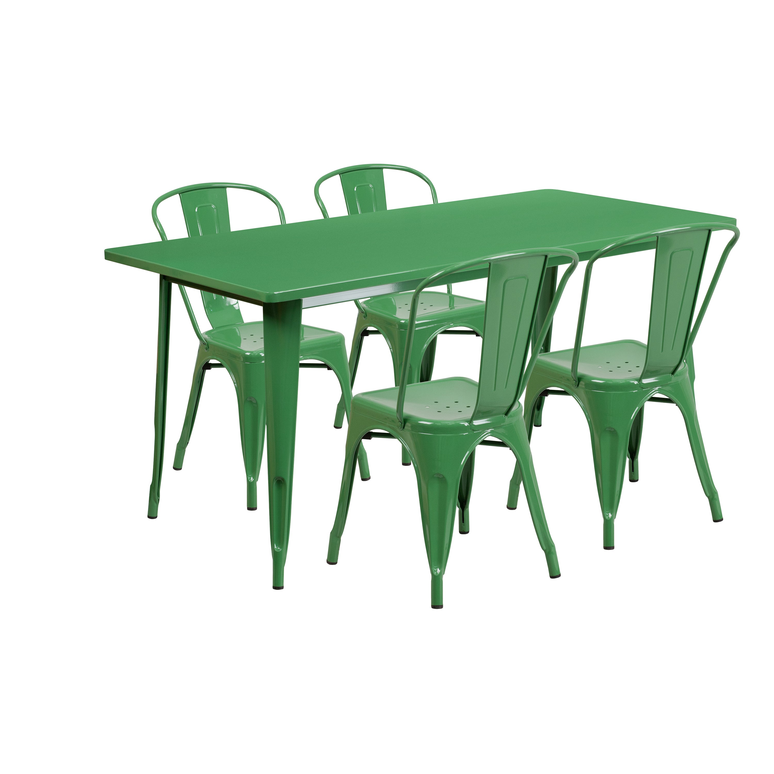 Darcy Commercial Grade 31.5" x 63" Rectangular Green Metal Indoor-Outdoor Table Set with 4 Stack Chairs