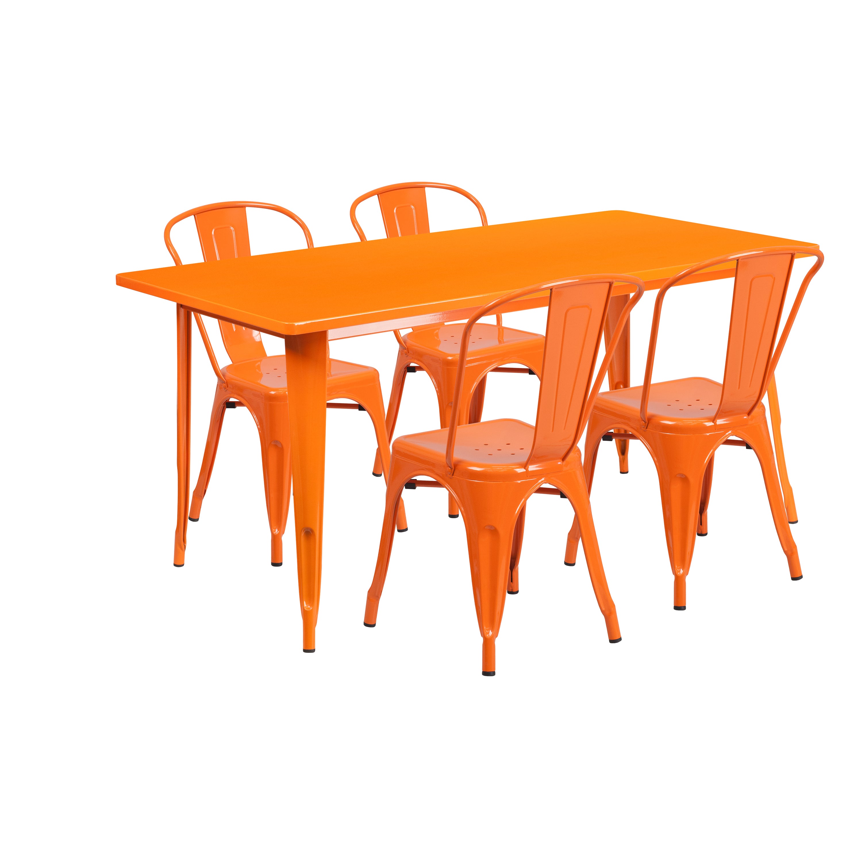 Darcy Commercial Grade 31.5" x 63" Rectangular Orange Metal Indoor-Outdoor Table Set with 4 Stack Chairs